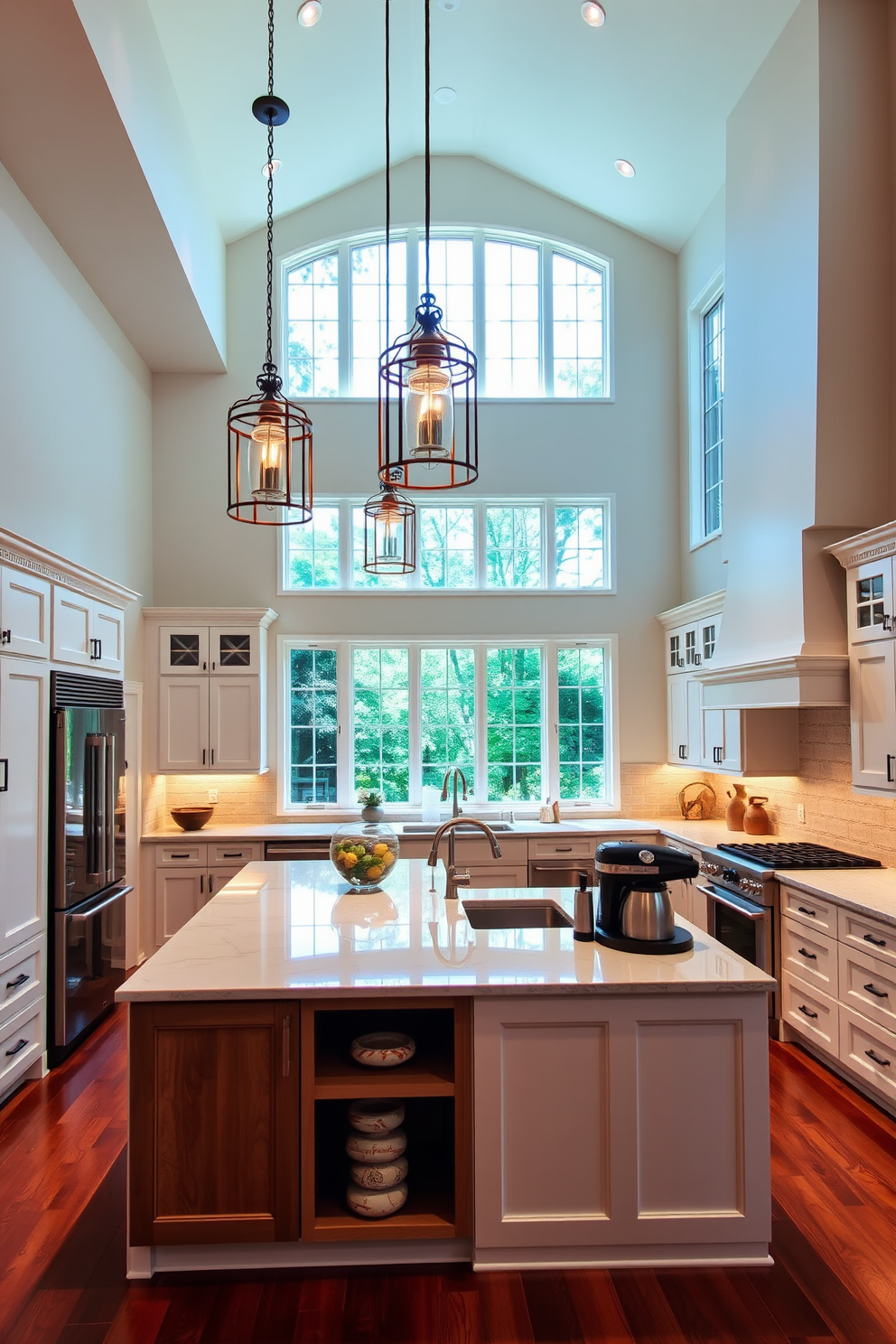 A spacious kitchen with high ceilings featuring elegant pendant lights hanging above a large island. The island is topped with a beautiful quartz countertop and includes a built-in coffee station for convenience. The cabinetry is a mix of white and natural wood finishes, providing a warm and inviting atmosphere. Large windows allow natural light to flood the space, highlighting the sleek stainless steel appliances and a stylish backsplash.