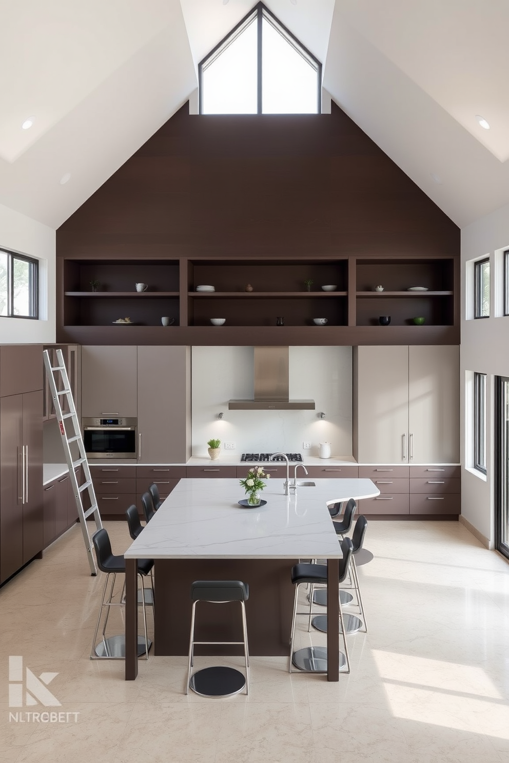 A high ceiling kitchen featuring an expansive layout with sleek cabinetry and a large central island. The island is topped with a stunning quartz surface and surrounded by modern bar stools, creating a perfect gathering spot. A sliding ladder is positioned against the cabinetry, providing easy access to the upper shelves. Large windows flood the space with natural light, highlighting the elegant finishes and inviting atmosphere.