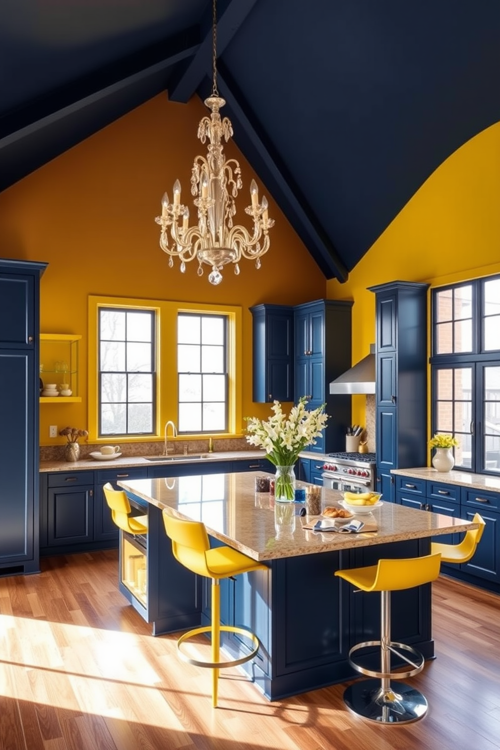 A high ceiling kitchen with bold colors that create a vibrant atmosphere. The cabinets are painted in a deep navy blue, complemented by bright yellow accents on the island and bar stools. Large windows allow natural light to flood the space, highlighting the rich colors and textures. A stunning chandelier hangs from the ceiling, adding elegance and a focal point to the room.