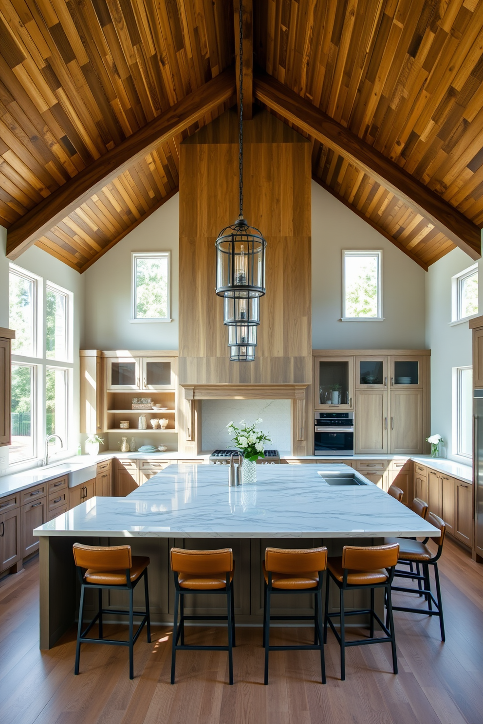 A spacious kitchen with high ceilings featuring exposed wooden beams that add rustic charm to the overall design. The open layout includes a large island with bar seating, complemented by pendant lights hanging from the beams above.