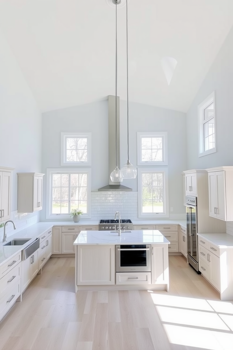 A bright and airy kitchen with high ceilings that creates a sense of openness. The walls are painted in soft white and pale blue tones, complemented by light wood cabinetry and a large island with a light marble countertop. Large windows allow natural light to flood the space, highlighting the sleek stainless steel appliances. Pendant lights with a minimalist design hang gracefully above the island, adding a touch of elegance to the overall aesthetic.