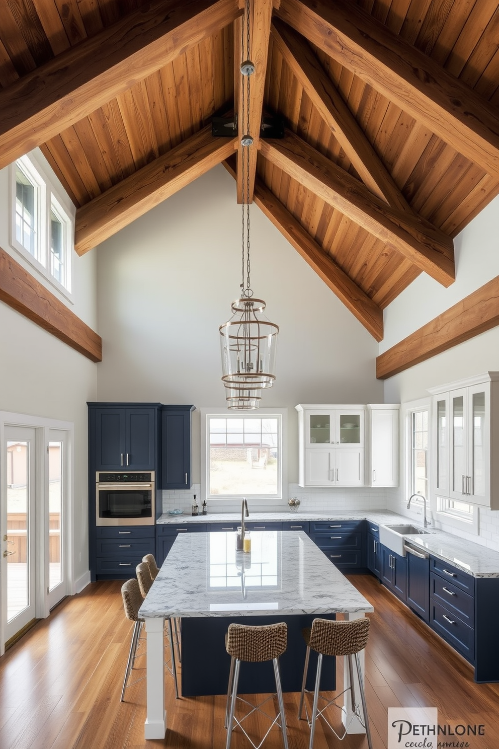 A high ceiling kitchen featuring exposed wooden beams that add architectural interest and warmth to the space. The kitchen is designed with a large central island topped with a polished granite surface and surrounded by stylish bar stools. The cabinetry is a mix of white and navy blue, providing a modern contrast against the rustic beams. Large windows allow natural light to flood the room, highlighting the elegant pendant lights hanging above the island.