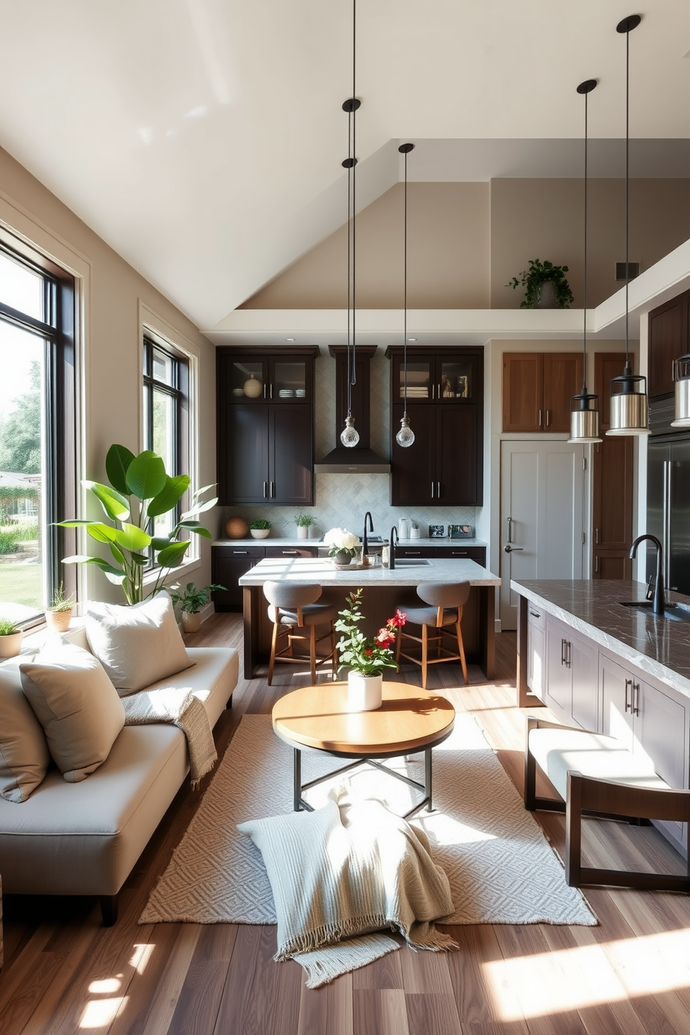 A high ceiling kitchen design featuring glass cabinets that create a sense of visual openness. The space is enhanced by natural light streaming through large windows, illuminating the sleek countertops and modern appliances.