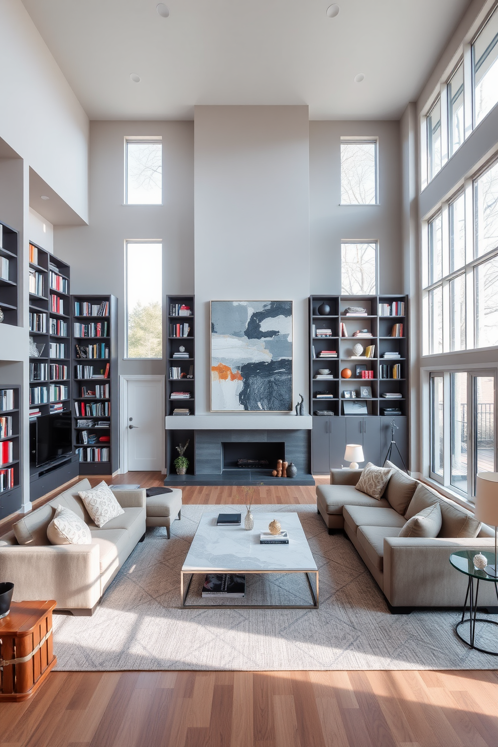 A spacious living room with high ceilings and large windows allowing natural light to flood the space. The room features tall bookshelves lining the walls, filled with an array of books and decorative items to create vertical interest. A plush sectional sofa in a neutral color is positioned around a modern coffee table, inviting relaxation and conversation. The walls are painted in a soft gray, and a large piece of abstract art hangs above the fireplace, adding a focal point to the room.