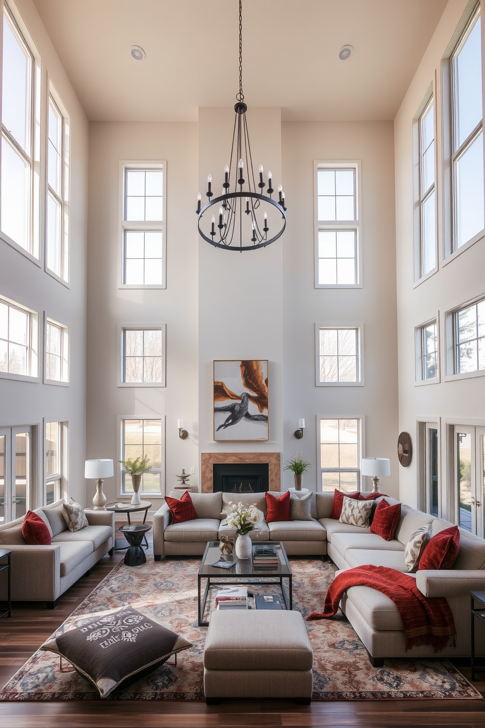 A spacious living room with a high ceiling features open shelving elegantly arranged along one wall. The shelves are filled with an eclectic mix of decorative items, books, and plants, creating a warm and inviting atmosphere.