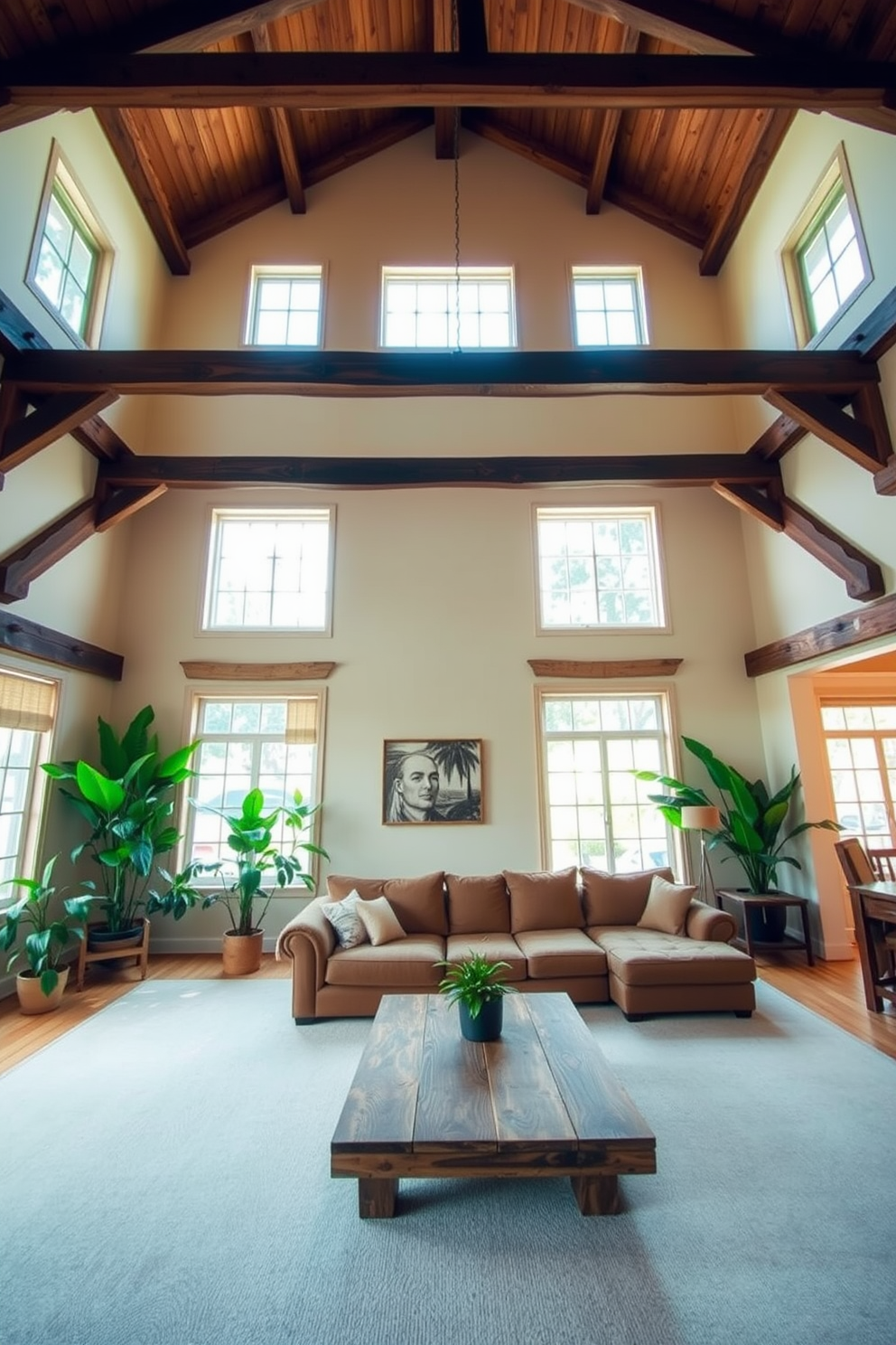 A spacious living room with high ceilings adorned with wooden beams. Large windows allow natural light to flood the space, highlighting the lush green plants placed in various corners. The walls are painted in a soft cream color, creating a warm and inviting atmosphere. A comfortable sectional sofa in earthy tones is centered around a rustic coffee table made of reclaimed wood.