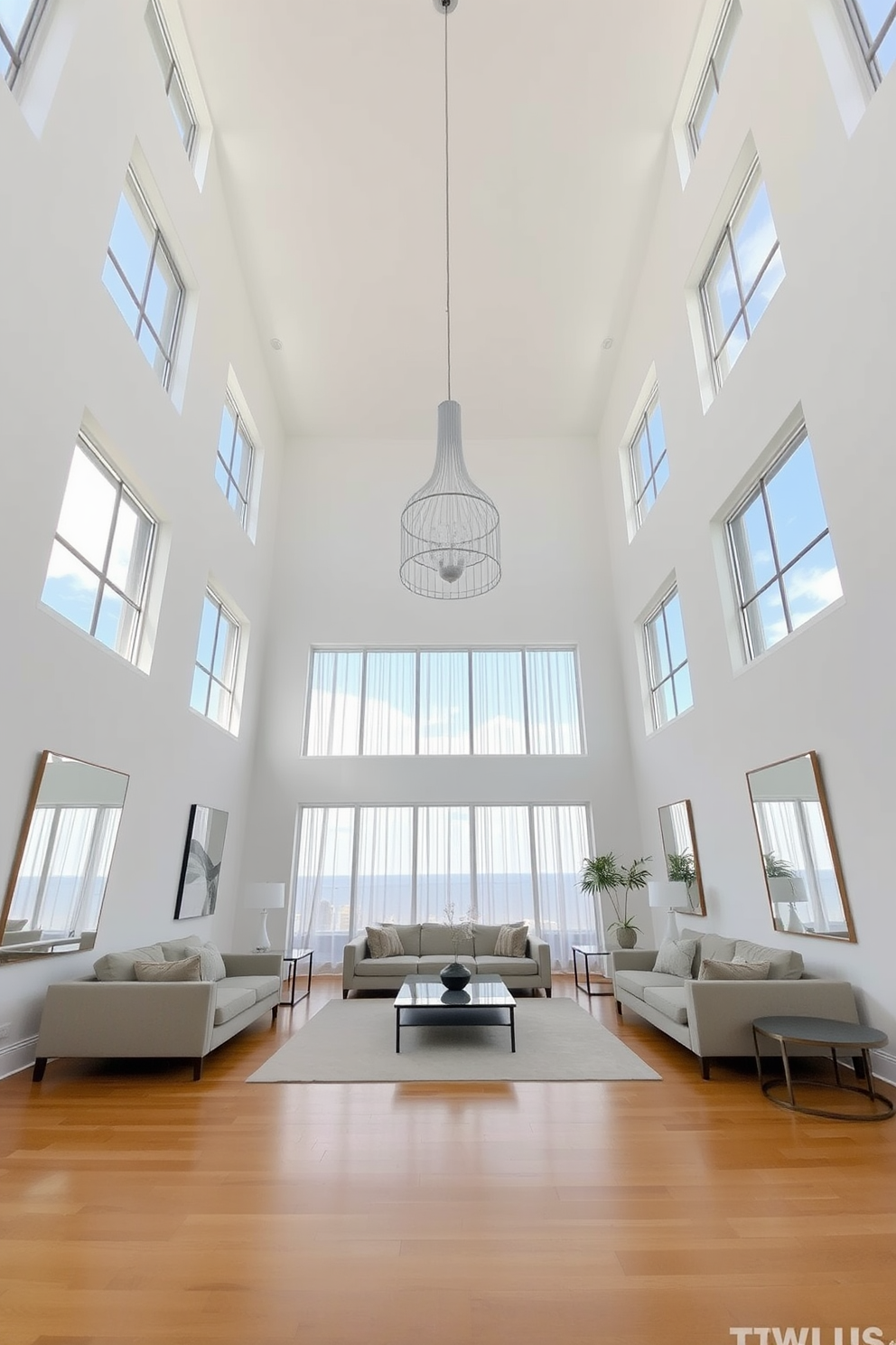 A spacious living room with high ceilings featuring large windows that allow natural light to flood the space. The room is adorned with a stylish sectional sofa in a neutral tone and a sleek coffee table made of glass and metal. In one corner, a modern bookshelf stretches up to the ceiling, showcasing an array of books and decorative items. The walls are painted in a soft white, while a bold accent wall adds a pop of color, creating a vibrant focal point in the room.