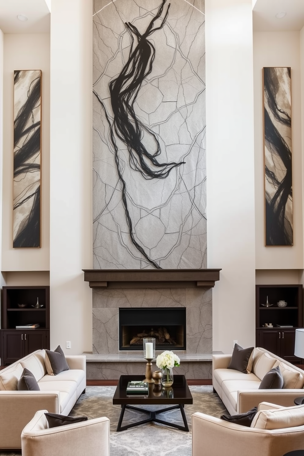 A high ceiling living room features a stunning focal point fireplace made of elegant stone. Surrounding the fireplace, plush seating arrangements are complemented by oversized artwork that enhances the vertical space.