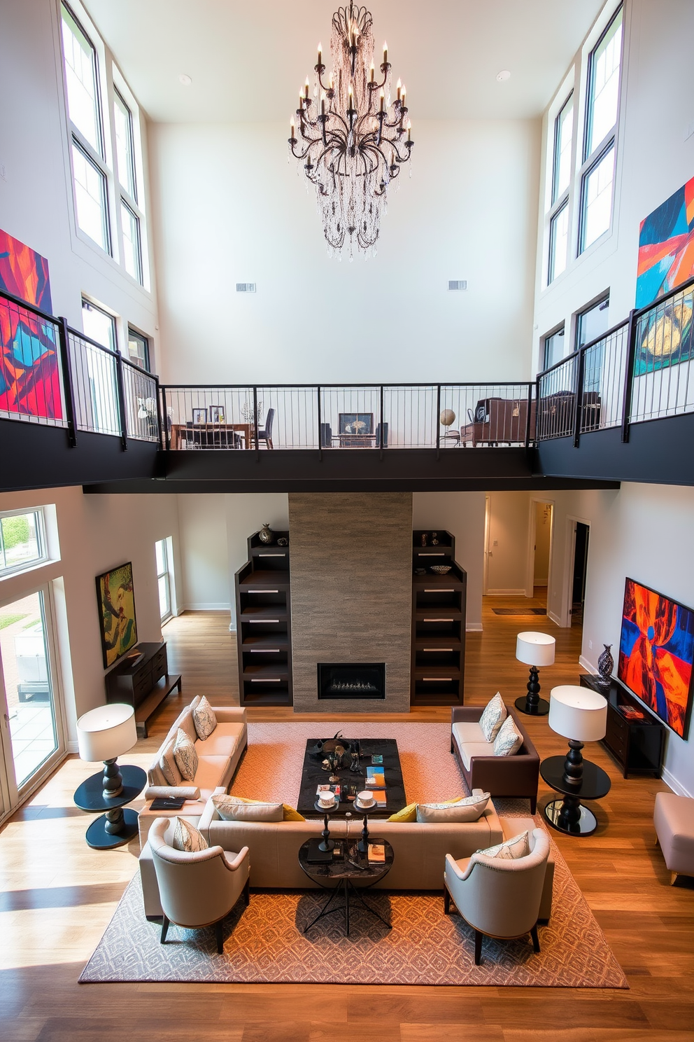 A spacious living room with high ceilings featuring exposed wooden beams that add architectural interest. The walls are painted in a soft beige, complemented by a large, plush sectional sofa adorned with colorful throw pillows.