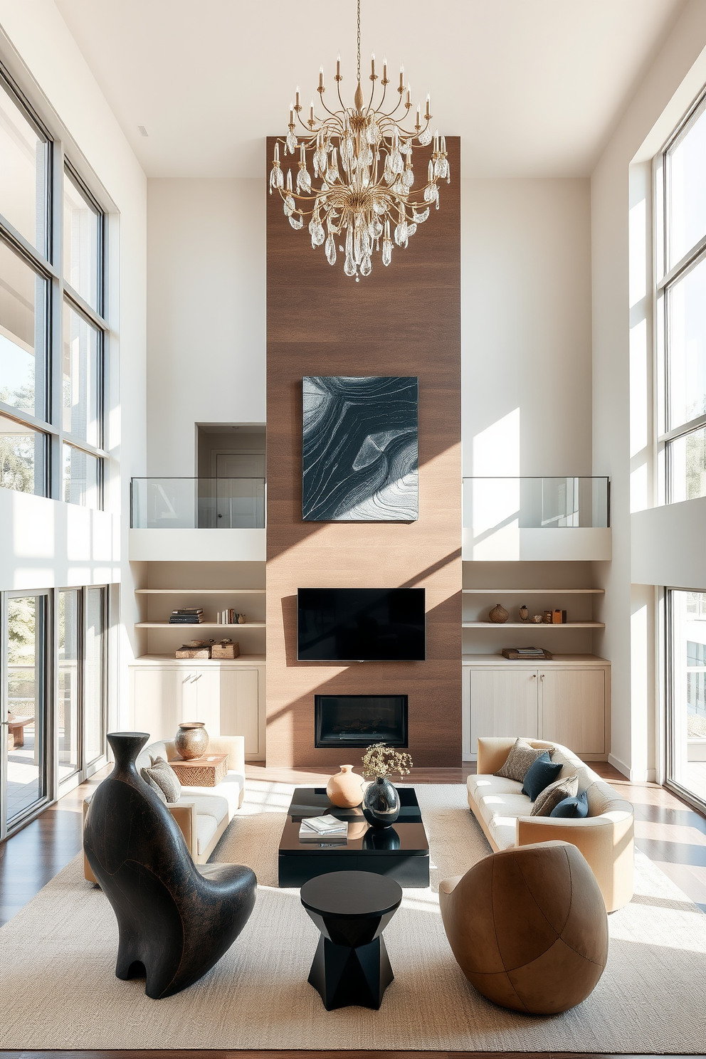 A high ceiling living room features sculptural furniture that serves as artistic focal points. The space is filled with natural light, highlighting unique shapes and textures that create an inviting atmosphere. Large windows frame the room, allowing for expansive views and enhancing the sense of openness. A statement chandelier hangs from the ceiling, complementing the elegant design while adding a touch of luxury.