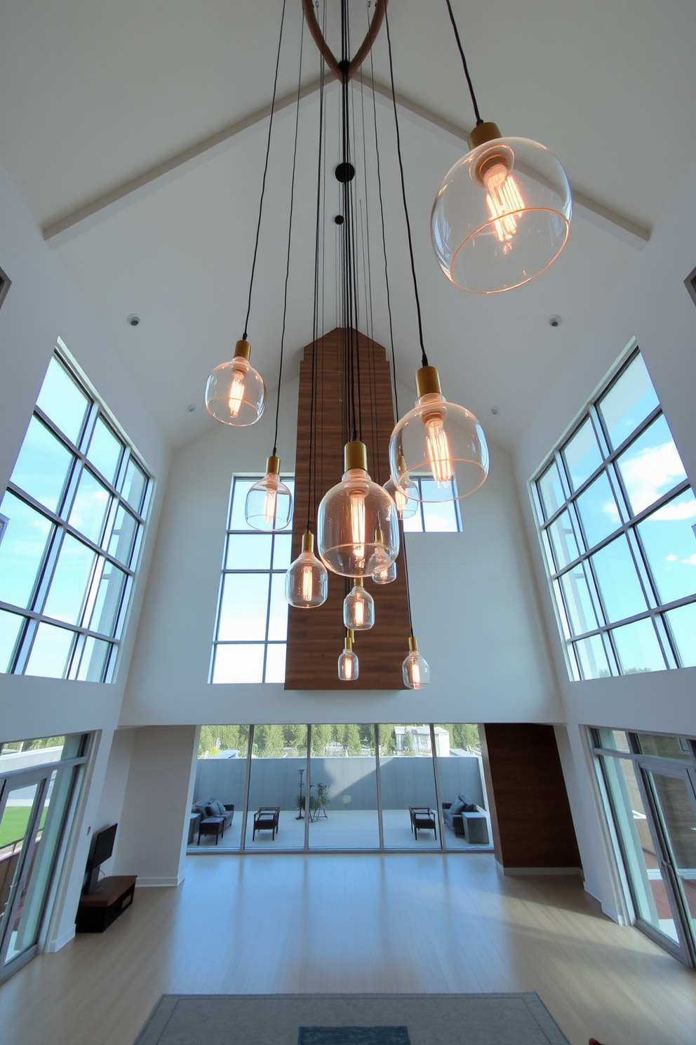 A high ceiling living room features a spacious layout with large windows allowing natural light to flood the space. Elegant pendant lights are hung at varying heights, creating a dynamic visual effect that enhances the room's grandeur.