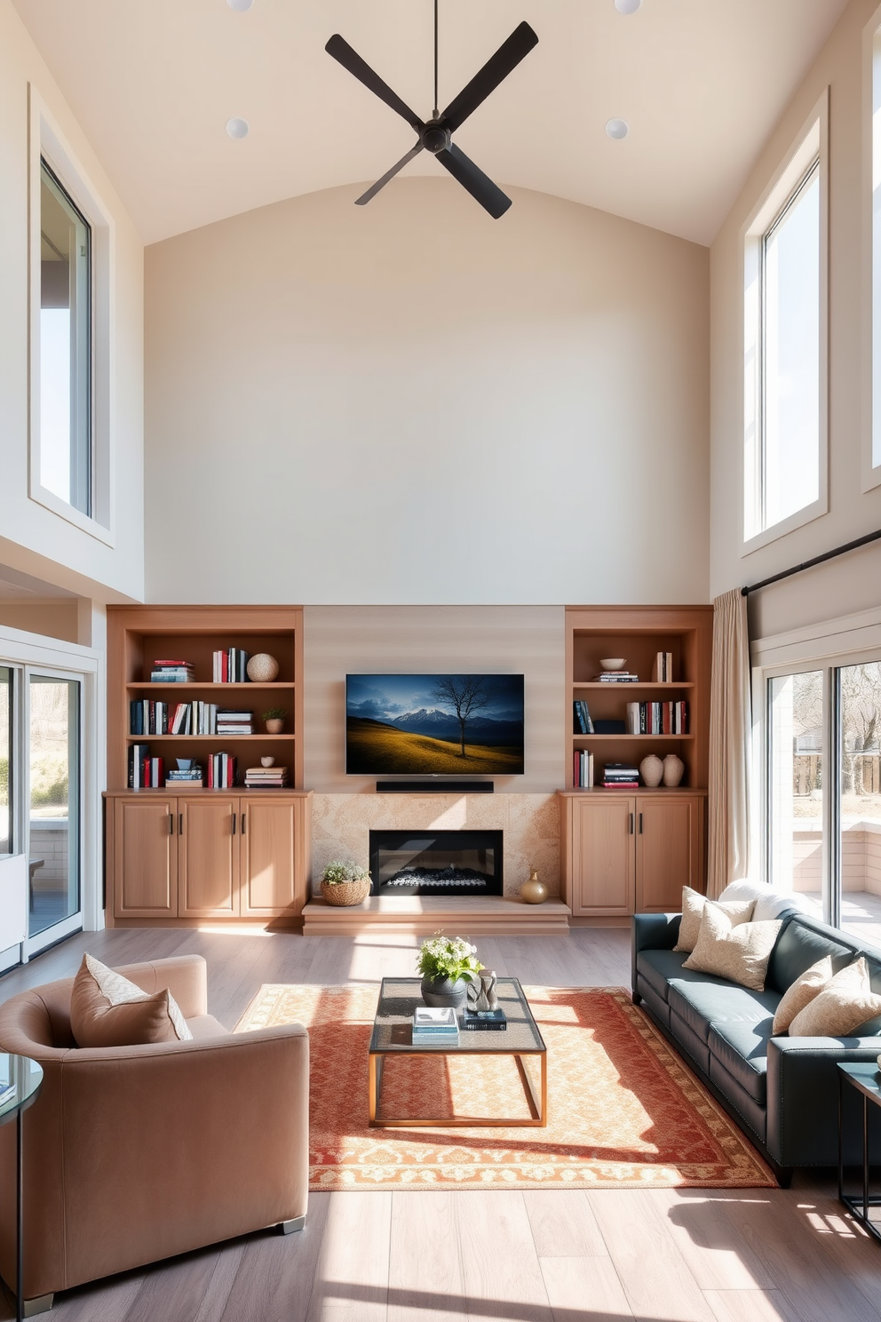 A spacious living room with high ceilings that creates an airy and open atmosphere. The focal point is a large sectional sofa upholstered in a soft, neutral fabric, inviting relaxation and comfort. Large windows allow natural light to flood the space, enhancing the warmth of the wooden floor. A statement chandelier hangs from the ceiling, adding elegance and visual interest to the room.