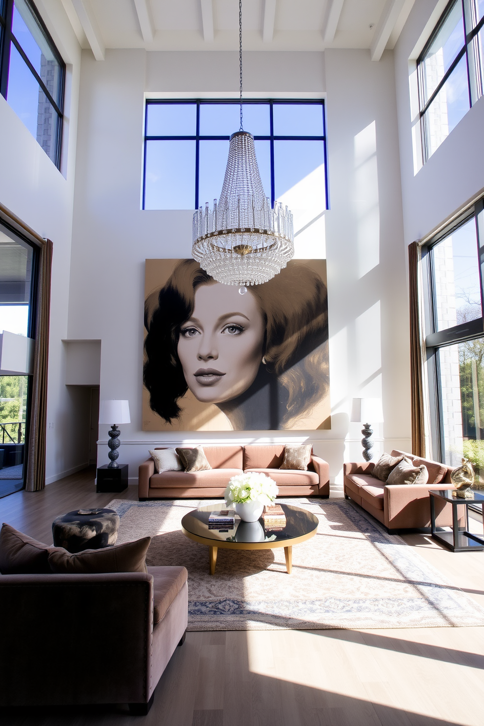 A high ceiling living room features oversized artwork that dominates the wall space, creating a striking focal point. The room is filled with natural light, highlighting the elegant furnishings and open layout. Large windows allow sunlight to stream in, enhancing the airy atmosphere of the space. Plush seating arrangements invite comfort, while a statement chandelier adds a touch of sophistication to the overall design.