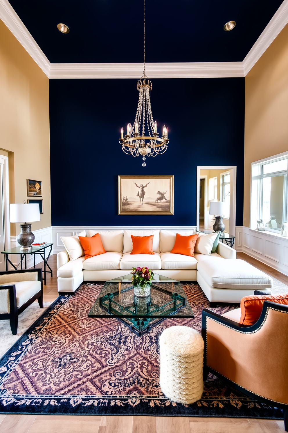 A spacious living room with a high ceiling features a bold navy blue accent wall that contrasts with the warm beige tones of the surrounding walls. A large chandelier hangs from the ceiling, illuminating the space and highlighting the elegant furnishings. The seating area is defined by a plush cream-colored sectional sofa paired with vibrant orange accent pillows. A sleek glass coffee table sits in the center, surrounded by a patterned area rug that adds texture and warmth to the room.