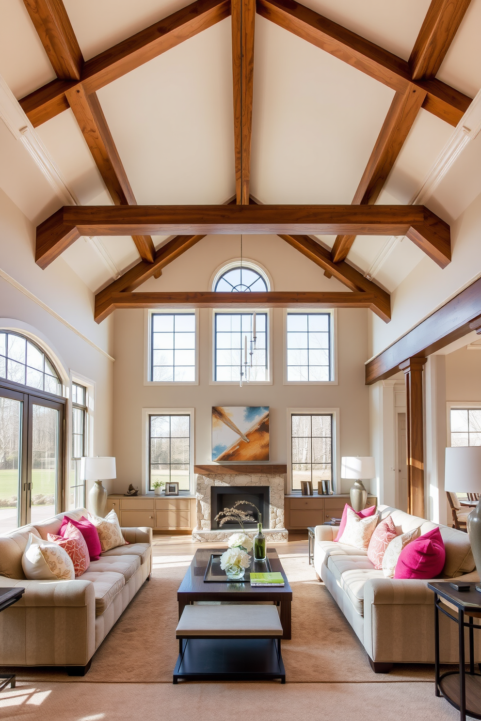 A high ceiling living room features exposed wooden beams that add warmth and character to the space. The walls are adorned with elegant crown moldings, enhancing the room's sophistication and charm. Large windows allow natural light to flood the area, creating an airy and inviting atmosphere. Plush furniture in neutral tones is arranged around a stylish coffee table, complemented by vibrant accent pillows for a pop of color.