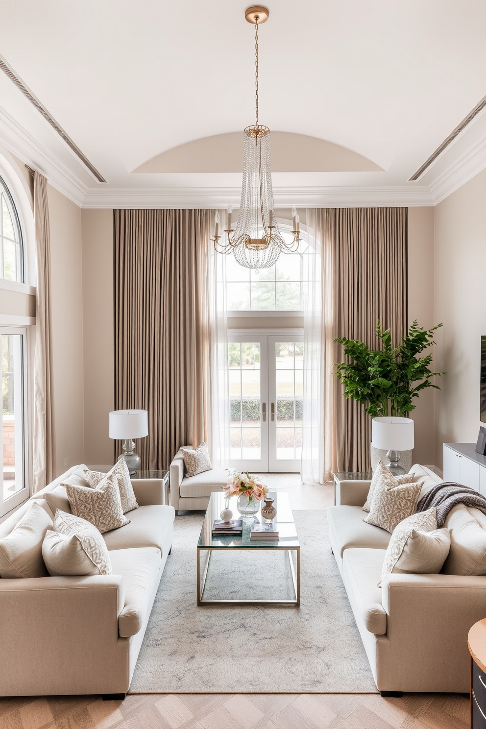 A high ceiling living room with a dramatic staircase as the focal point. The staircase features elegant wrought iron railings and a rich wooden banister, sweeping gracefully to the upper level. The walls are adorned with large windows that flood the space with natural light. Plush furniture in neutral tones is arranged around a grand fireplace, creating a cozy yet sophisticated atmosphere.