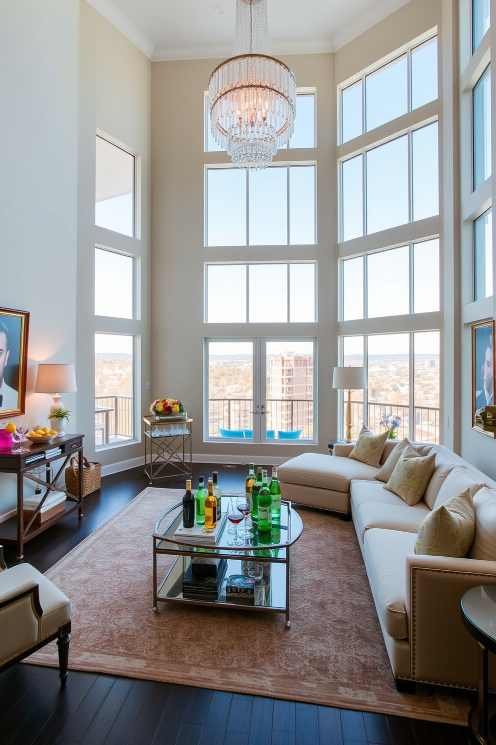 A spacious living room with high ceilings featuring large windows that allow natural light to flood the space. The room is elegantly furnished with a plush sectional sofa and a chic coffee table, creating a cozy yet sophisticated atmosphere. In one corner, a stylish bar cart is set up with an array of glassware and colorful bottles, ready for entertaining guests. The walls are adorned with tasteful artwork, and a statement chandelier hangs from the ceiling, adding a touch of glamour to the design.