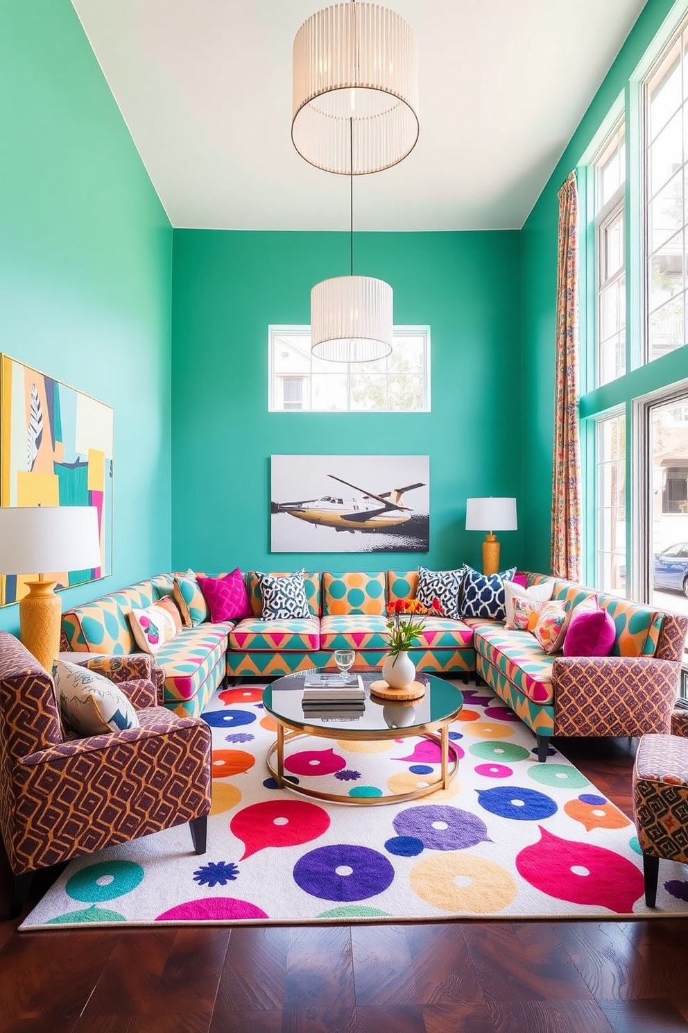 A spacious high ceiling living room features a sunken seating area with plush sectional sofas arranged around a modern coffee table. Large floor-to-ceiling windows allow natural light to flood the space, highlighting the elegant decor and artwork on the walls.