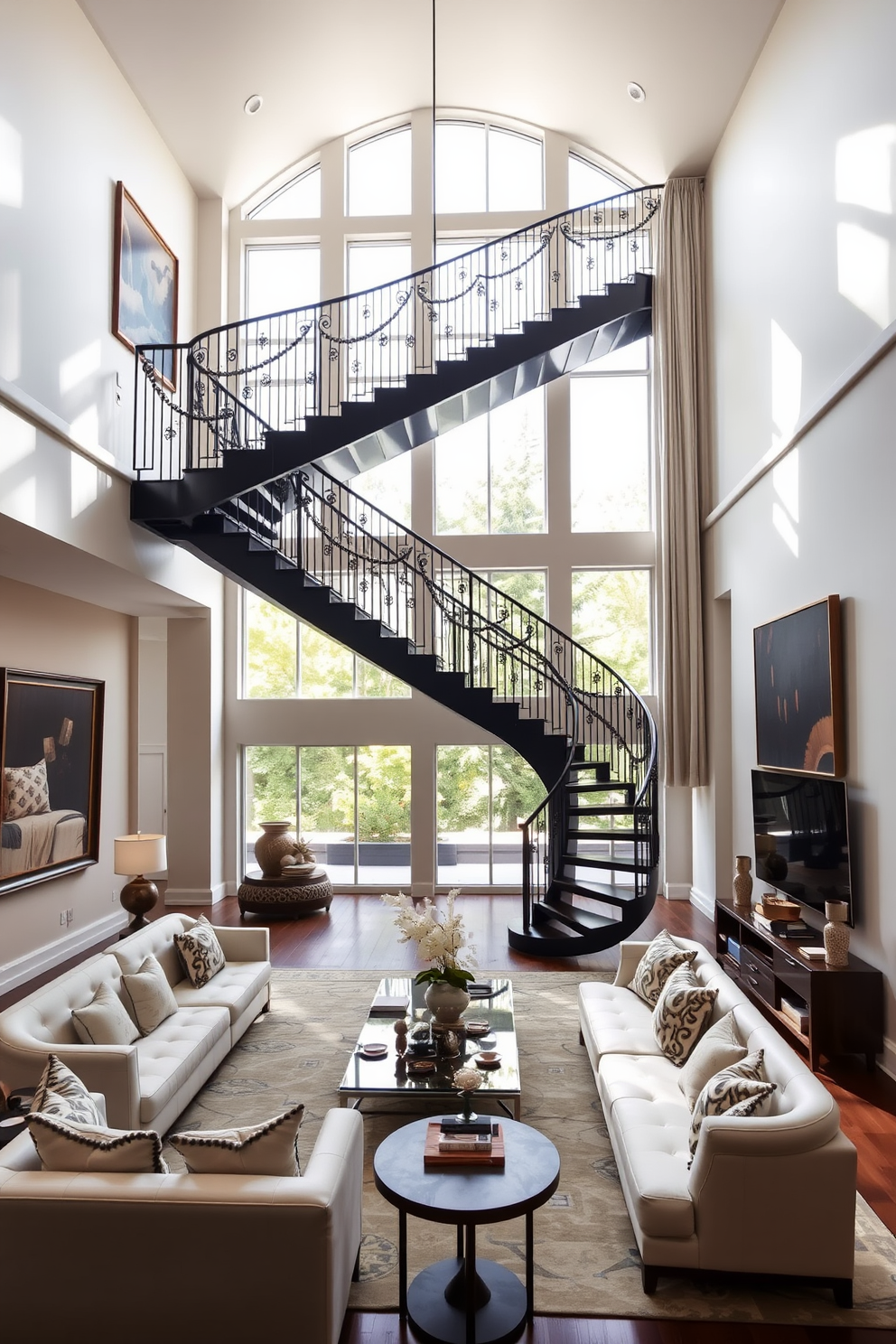 A spacious living room with high ceilings features large windows that allow natural light to flood the space. The walls are painted in a soft cream color, and the floor is adorned with a plush area rug that complements the furniture. In one corner, a vintage ladder is elegantly leaned against the wall, decorated with potted plants and decorative throws. The seating area includes a stylish sectional sofa and a pair of accent chairs, creating an inviting atmosphere for relaxation and conversation.