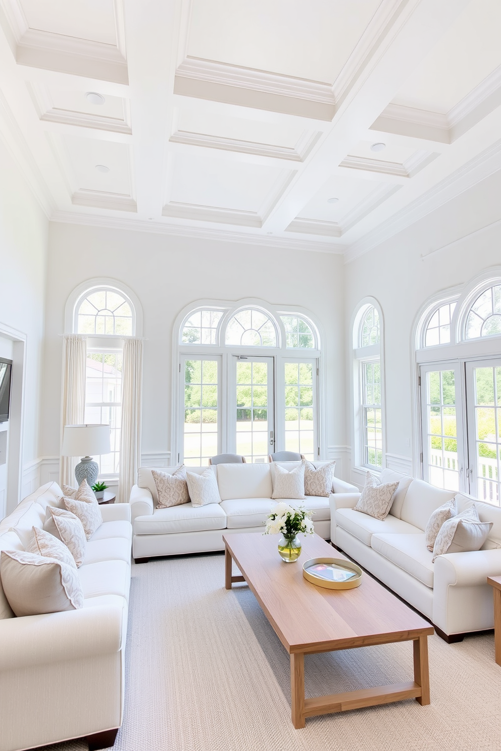 A bright and airy living room featuring light-colored walls and soft pastel accents. The high ceiling is adorned with elegant crown molding, and large windows allow natural light to flood the space. A spacious seating area is arranged with a plush white sectional sofa and a light wood coffee table. Decorative throw pillows in subtle hues complement the overall design, creating a welcoming atmosphere.