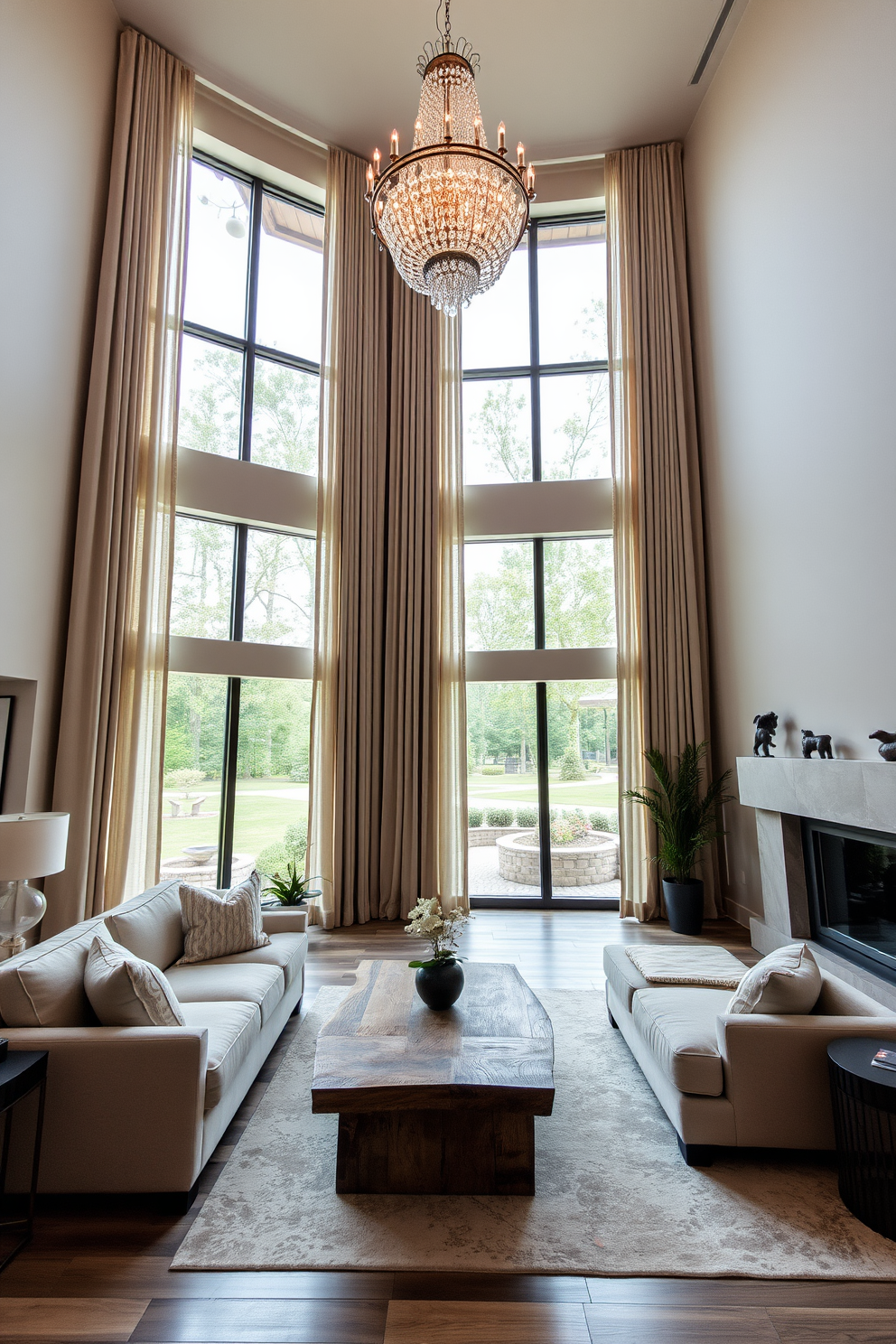 A spacious living room with high ceilings featuring large windows that allow natural light to flood the space. The room is adorned with long floor-to-ceiling curtains in a soft, flowing fabric that elegantly frame the windows, adding a touch of luxury. The furniture arrangement includes a plush sectional sofa in a neutral tone, complemented by a stylish coffee table made of reclaimed wood. A statement chandelier hangs from the ceiling, enhancing the grandeur of the room while creating a cozy atmosphere.