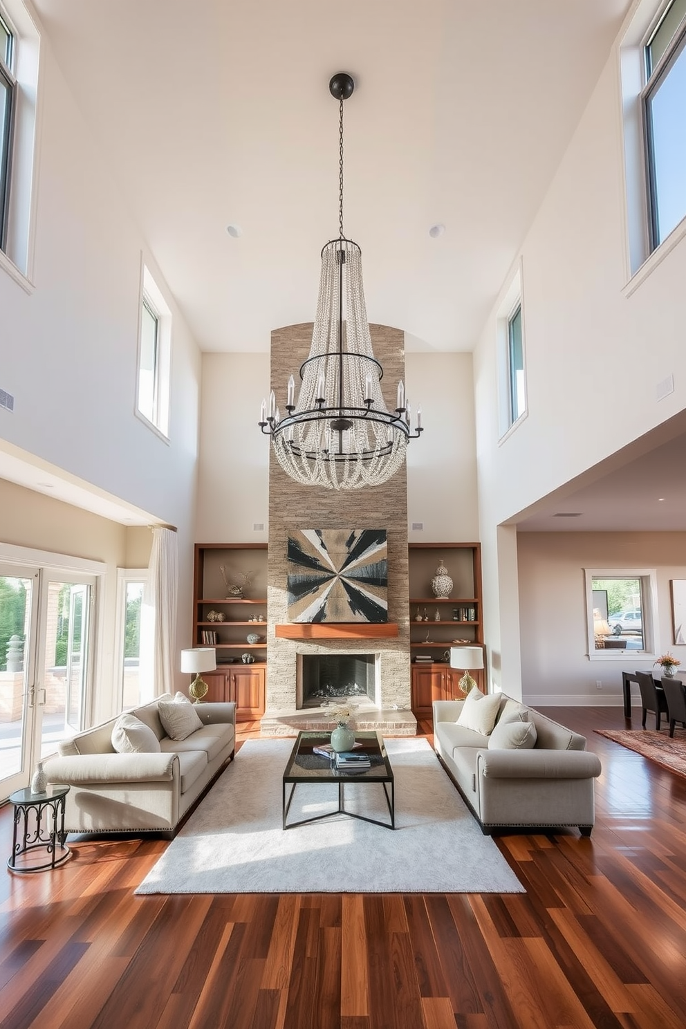 A high ceiling living room featuring a large chandelier that adds drama and elegance to the space. The room is adorned with plush sofas in neutral tones, complemented by a stylish coffee table at the center. Floor-to-ceiling windows allow natural light to flood the area, highlighting the intricate details of the chandelier. Rich hardwood flooring contrasts beautifully with the soft area rug that defines the seating area.