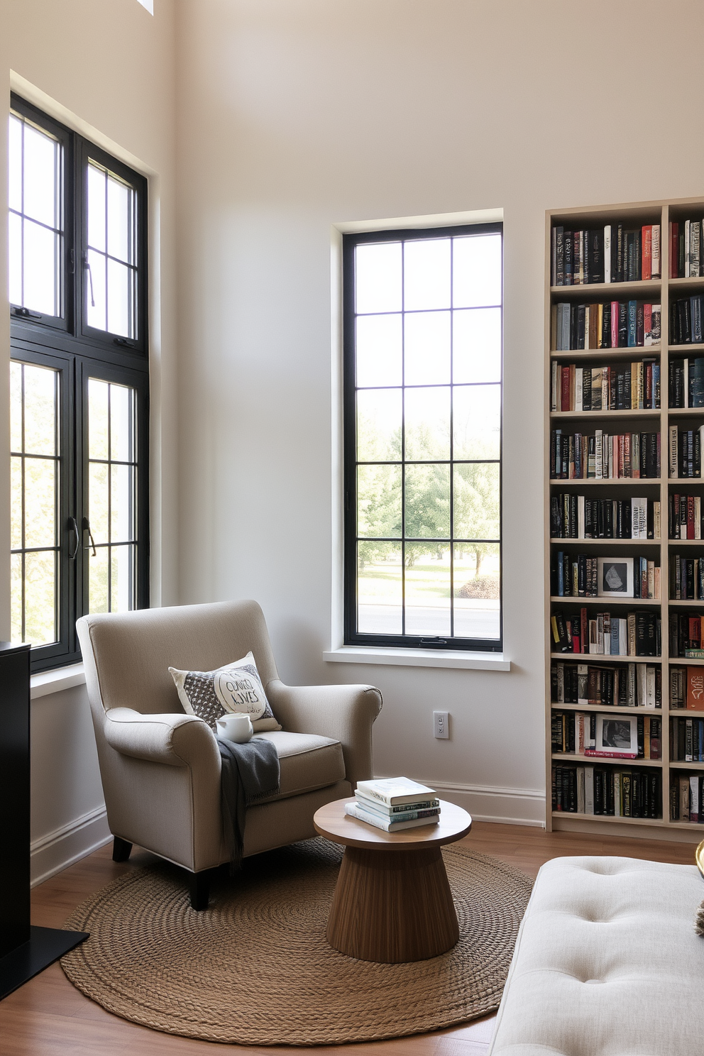 A cozy reading nook is nestled in a high ceiling living room filled with natural light. A plush armchair is positioned next to a large window, accompanied by a small side table holding a stack of books and a warm cup of tea. Soft, textured throw pillows and a warm blanket add comfort to the seating area. A tall bookshelf filled with various novels and decorative items lines the wall, enhancing the inviting atmosphere of the space.