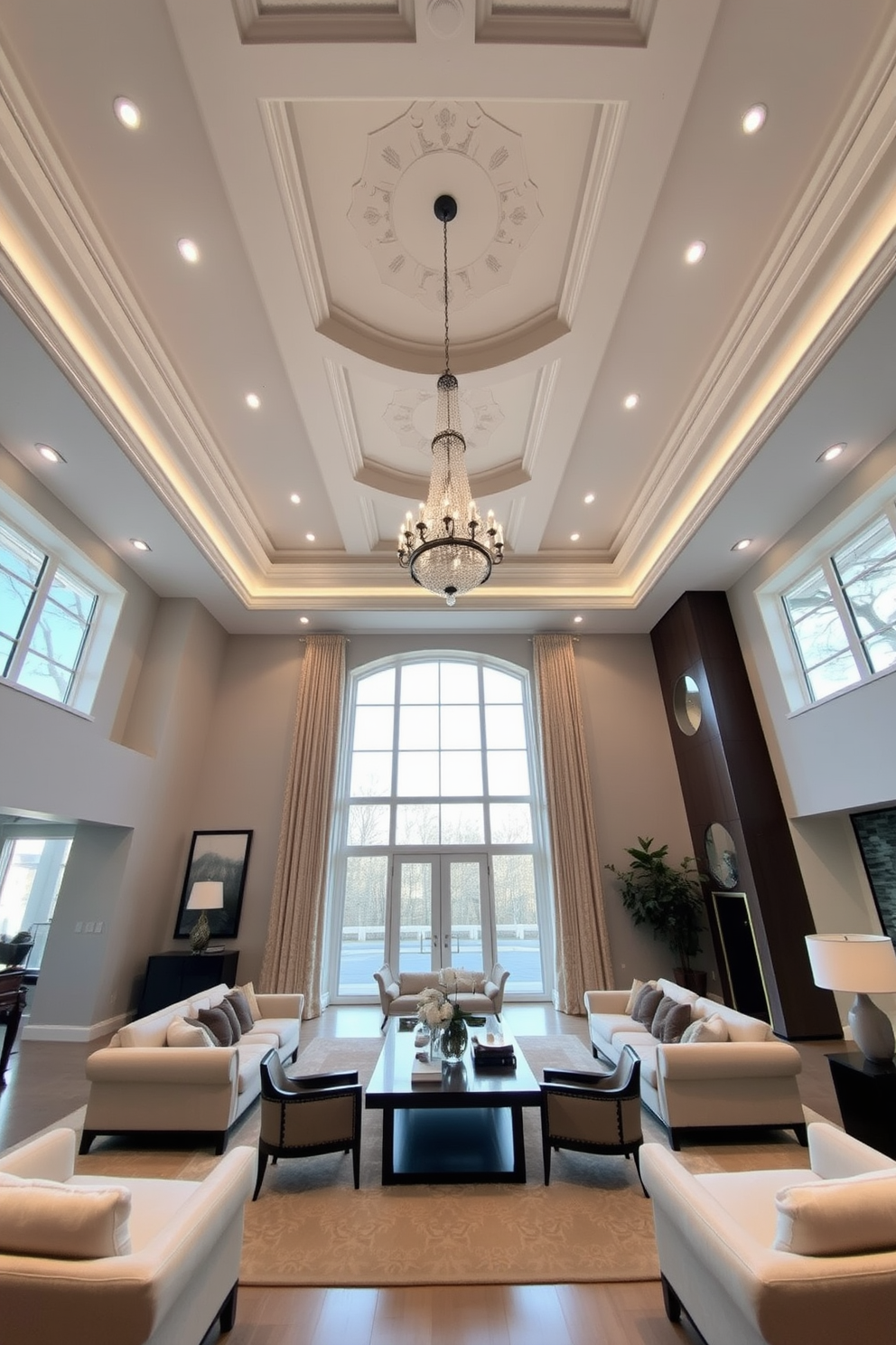 A spacious living room with a high ceiling showcasing elegant architectural details. The room features a large chandelier that hangs gracefully from the ceiling, complemented by recessed lighting that casts a warm glow throughout the space. Large windows allow natural light to flood in, enhancing the airy feel of the room. A cozy seating area is arranged around a stylish coffee table, with plush sofas and accent chairs inviting relaxation and conversation.