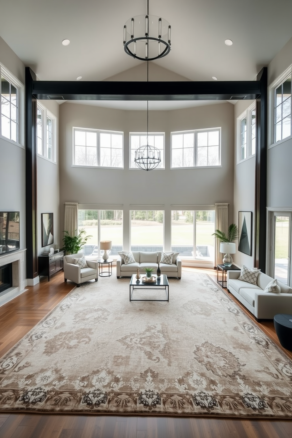 A high ceiling living room features an oversized statement rug that anchors the seating area, creating a warm and inviting atmosphere. The walls are adorned with large windows that allow natural light to flood the space, highlighting the elegant furniture arrangement and decorative accents.