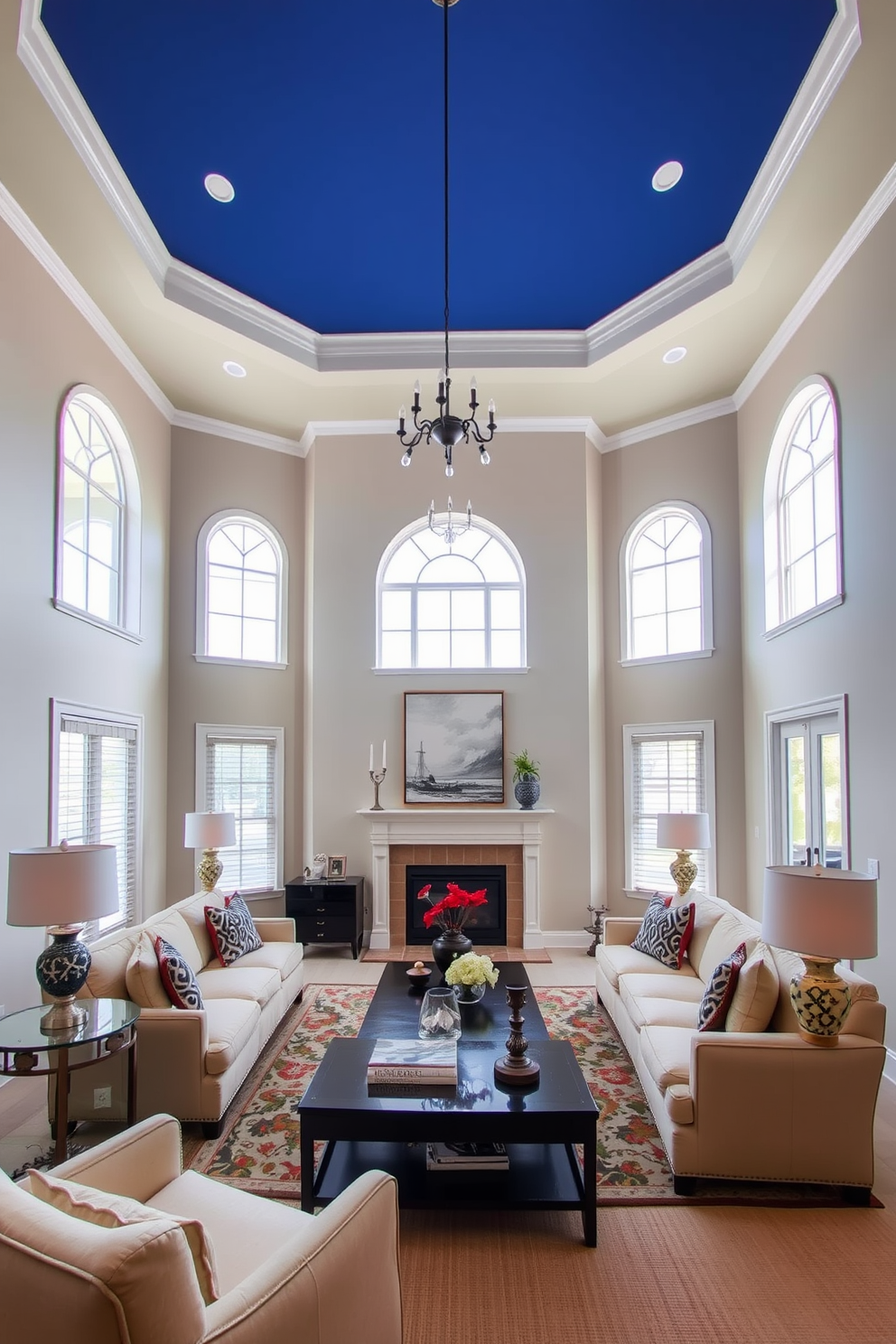 A high ceiling living room features walls painted in a soft neutral tone that beautifully contrasts with the bold color of the ceiling. Large windows allow natural light to flood the space, highlighting the elegant furniture arrangement and decorative accents.