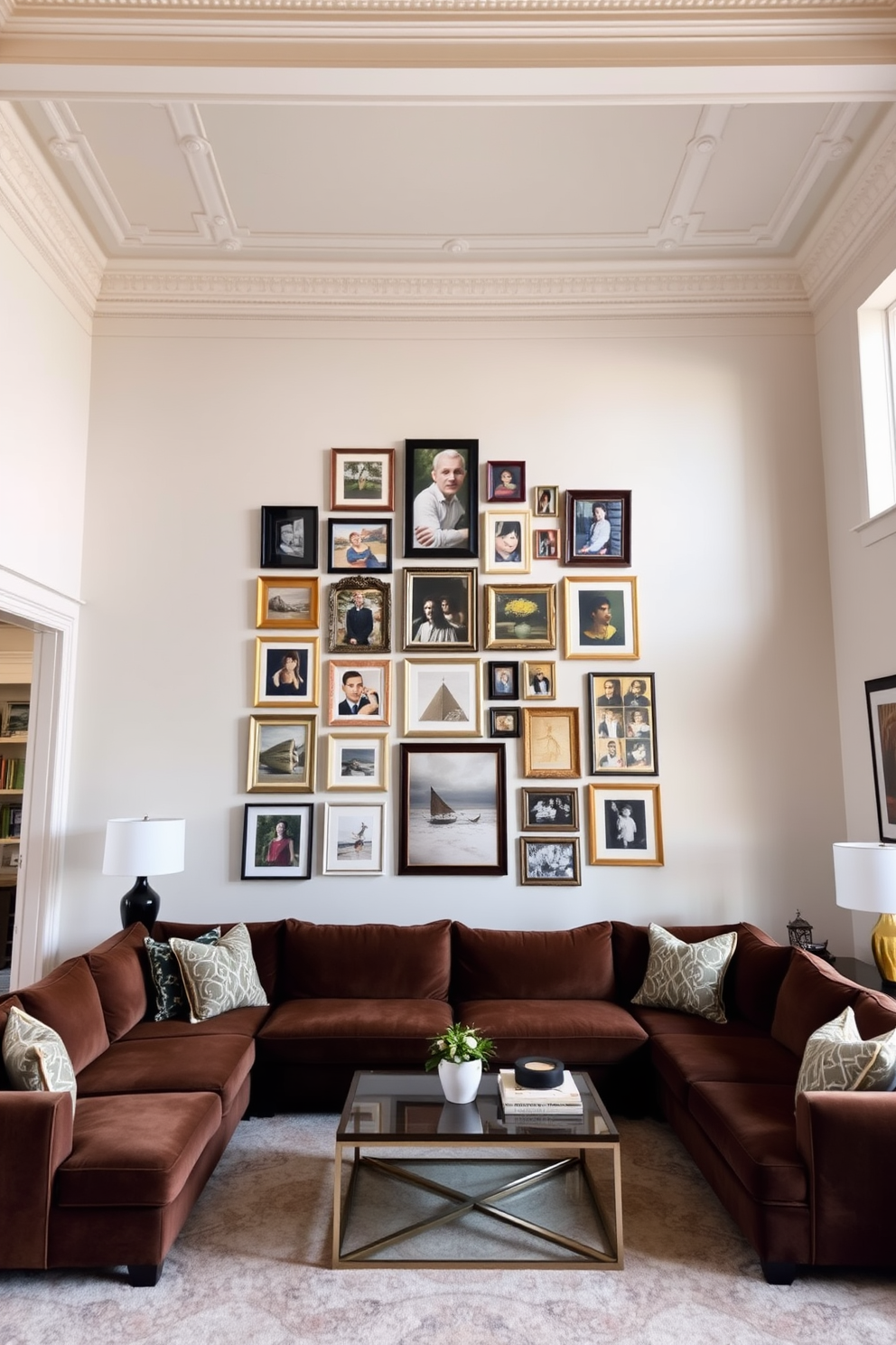 A spacious living room with high ceilings adorned with elegant crown molding. The focal point is a stunning gallery wall featuring a mix of varied frames, showcasing an eclectic collection of artwork and photographs. The walls are painted in a soft neutral color to enhance the brightness of the room. Below the gallery wall, a plush sectional sofa in a rich fabric invites relaxation, complemented by a stylish coffee table at its center.