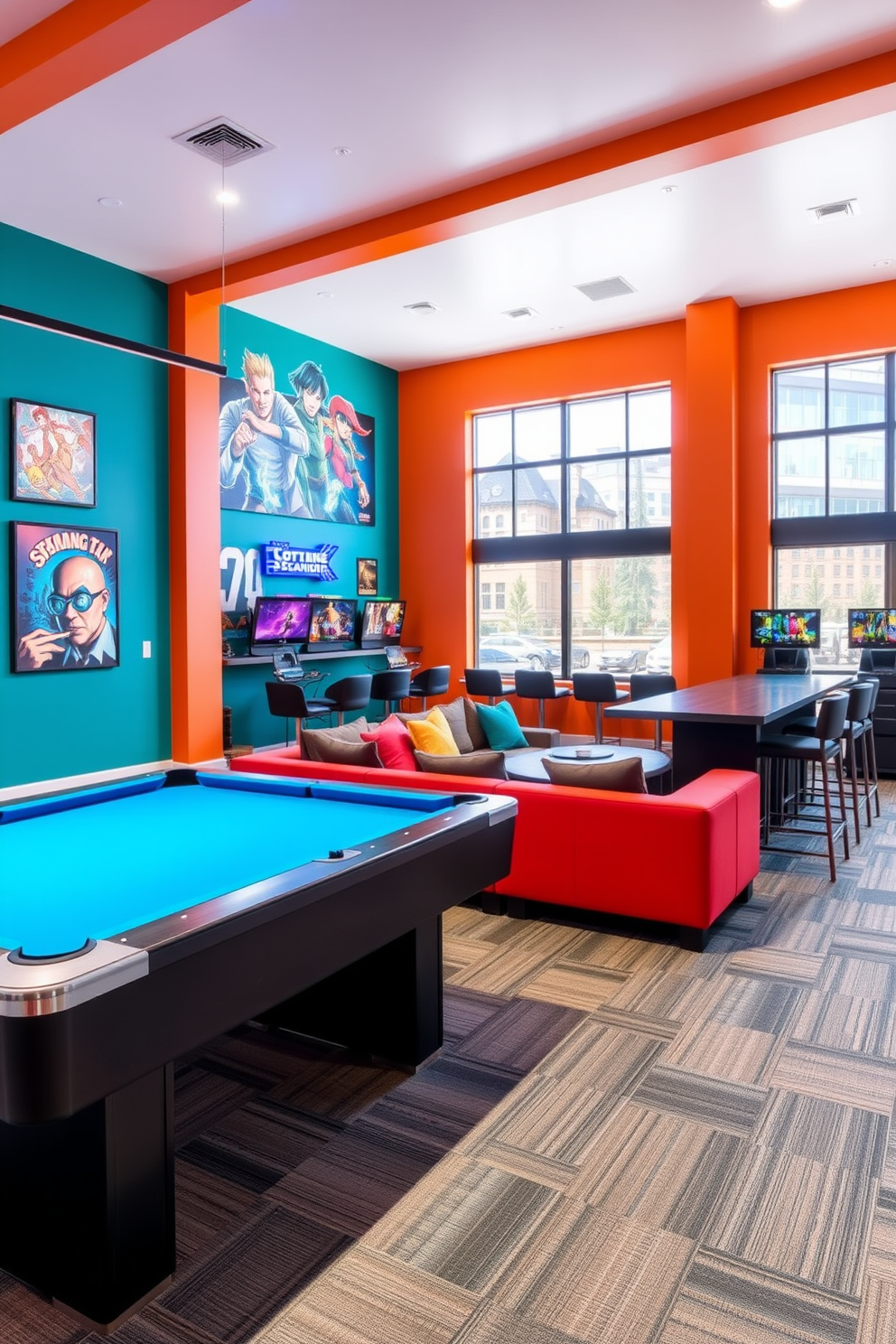 Cozy gaming nook with bean bags. The space features soft lighting and a large window with city views, creating a comfortable atmosphere for gaming. Highrise game room design ideas. The room includes sleek furniture, a large screen for gaming, and vibrant colors that enhance the excitement of the space.