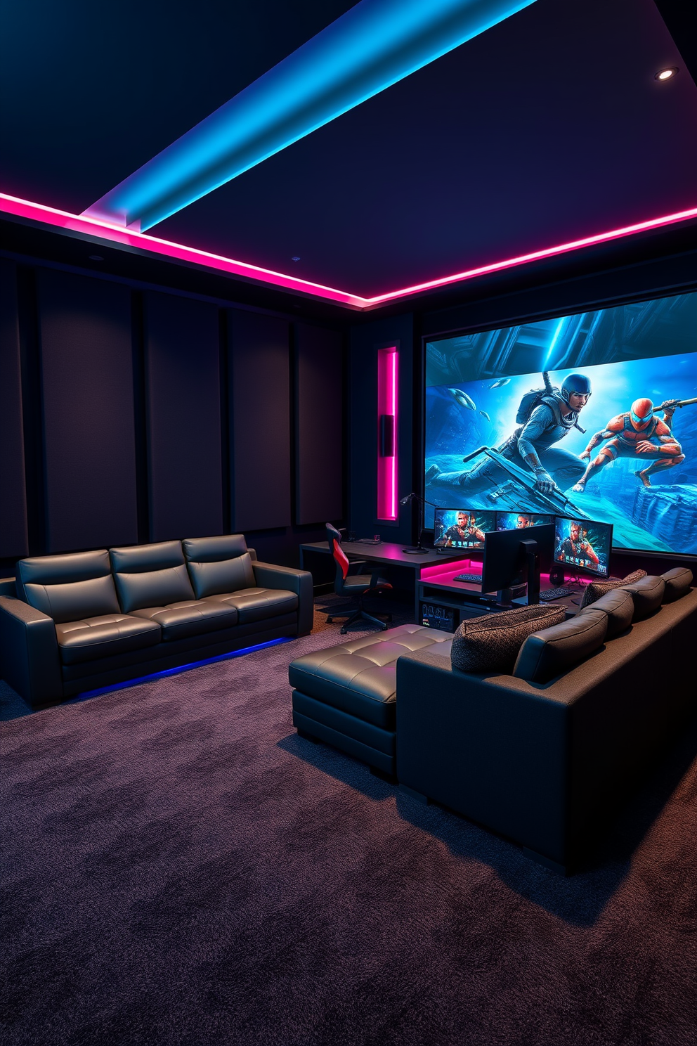 A high-end gaming room designed with soundproofing panels to create a quieter atmosphere. The walls are adorned with sleek acoustic panels in dark colors, and the floor features plush carpeting for added comfort. The space includes a large sectional sofa with built-in speakers and ambient lighting. A custom gaming desk with multiple monitors is positioned against a feature wall, showcasing a vibrant mural of a favorite game.