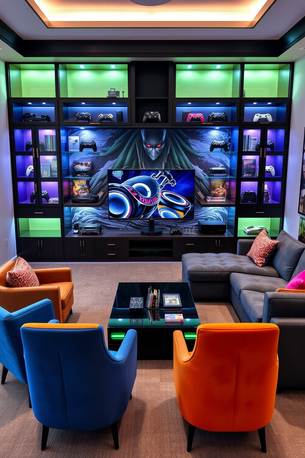 A modern game room featuring sleek gaming console display cabinets with ambient LED lighting. The cabinets are made of dark wood with glass doors, showcasing a collection of consoles and games against a backdrop of a vibrant mural. The room includes a plush sectional sofa arranged around a large flat-screen TV. Accent chairs in bold colors complement the overall aesthetic, while a stylish coffee table sits at the center, perfect for snacks and drinks during gaming sessions.