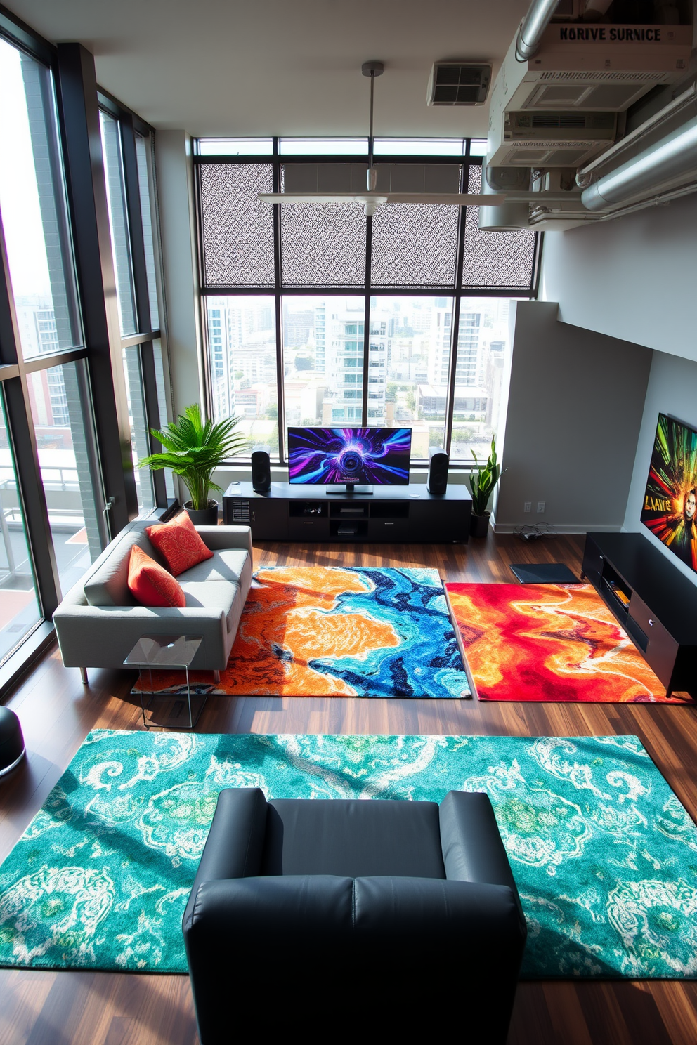 A modern gaming room designed for soundproofing features sleek acoustic panels on the walls in a deep blue color. The floor is covered with a plush gray carpet, and a large sectional sofa provides comfortable seating for gaming sessions. The room includes a high-end gaming setup with multiple monitors and ambient LED lighting that enhances the gaming experience. A stylish coffee table sits in the center, surrounded by bean bag chairs for a relaxed atmosphere.