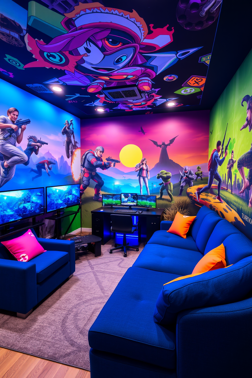 A vibrant gaming-themed room designed for relaxation and entertainment. The walls are adorned with dynamic artwork featuring popular video game characters and landscapes, creating an immersive atmosphere. The room includes a sleek sectional sofa in a deep blue fabric, complemented by neon accent pillows. A custom-built gaming station with multiple monitors and LED lighting enhances the high-tech feel of the space.