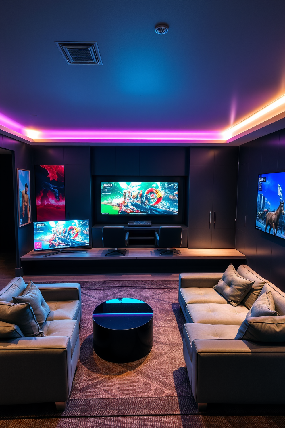 A modern highrise game room featuring sleek furniture and smart lighting options that adjust to create the perfect mood. The walls are adorned with vibrant artwork, and a large sectional sofa invites relaxation while enjoying gaming or movie nights. Incorporate a custom-built gaming station with multiple screens and comfortable seating. The lighting is strategically placed to highlight the gaming area while providing ambient illumination for a cozy atmosphere.