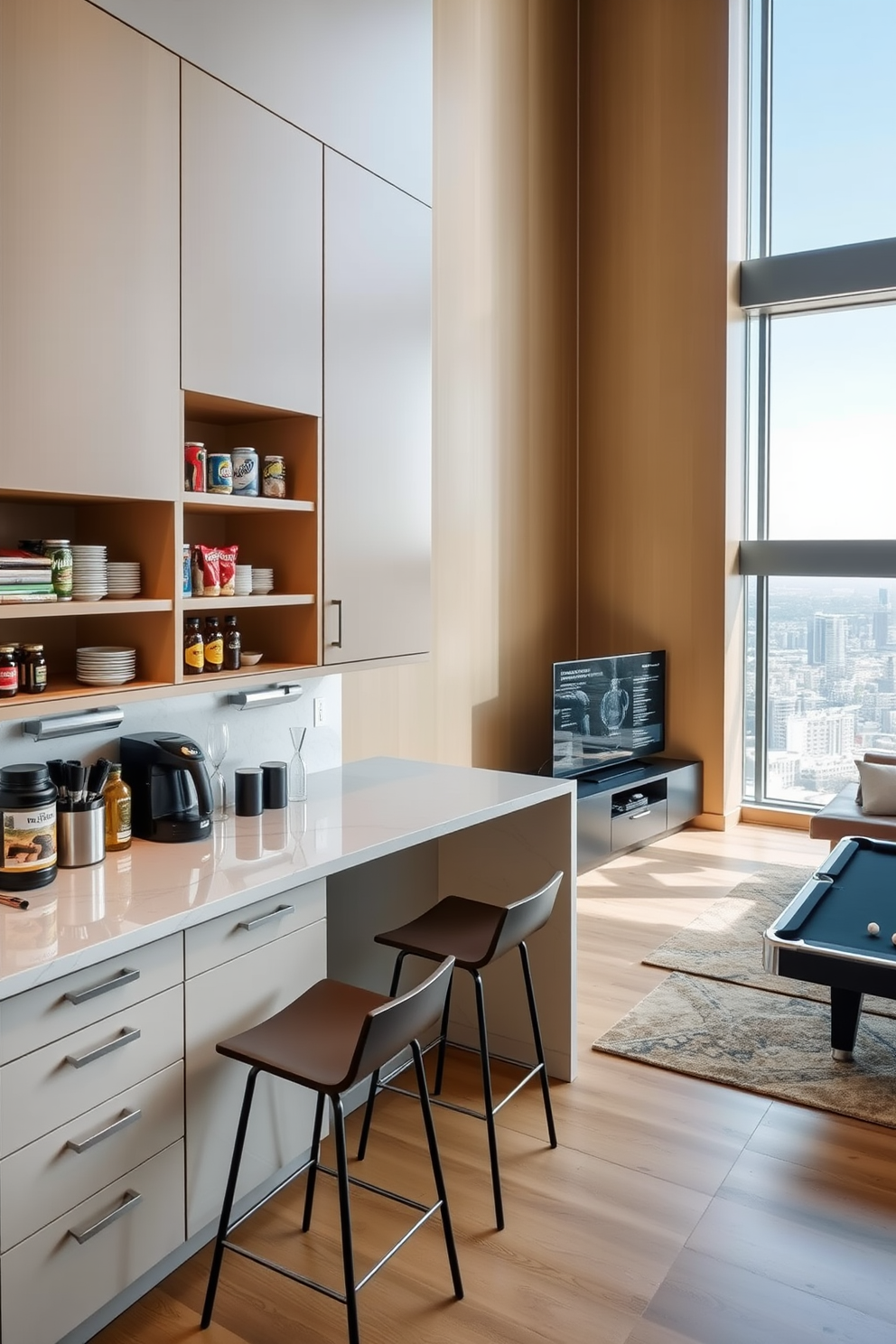 A dedicated snack bar featuring sleek cabinetry with open shelving for easy access to snacks and beverages. The countertop is made of polished quartz with stylish bar stools arranged for casual seating. A highrise game room designed with large windows offering panoramic city views. The space includes a mix of comfortable seating, a pool table, and a custom-built entertainment center for gaming and movie nights.