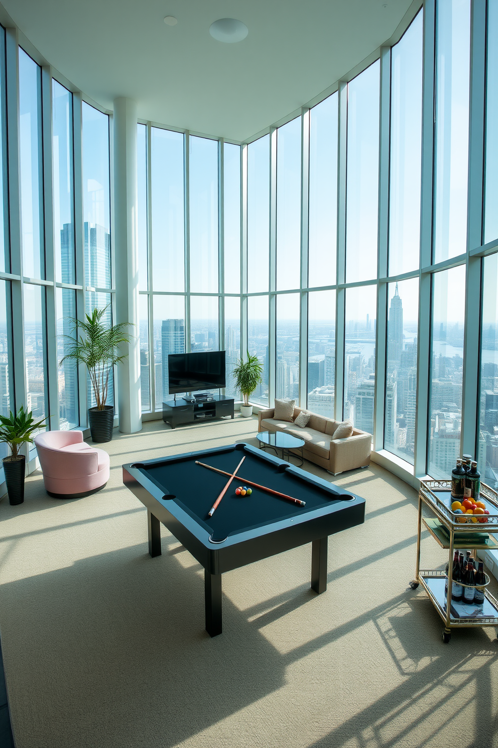 A highrise game room featuring floor-to-ceiling windows that flood the space with natural light. The room includes a sleek pool table, a cozy lounge area with plush seating, and a stylish bar cart for refreshments.