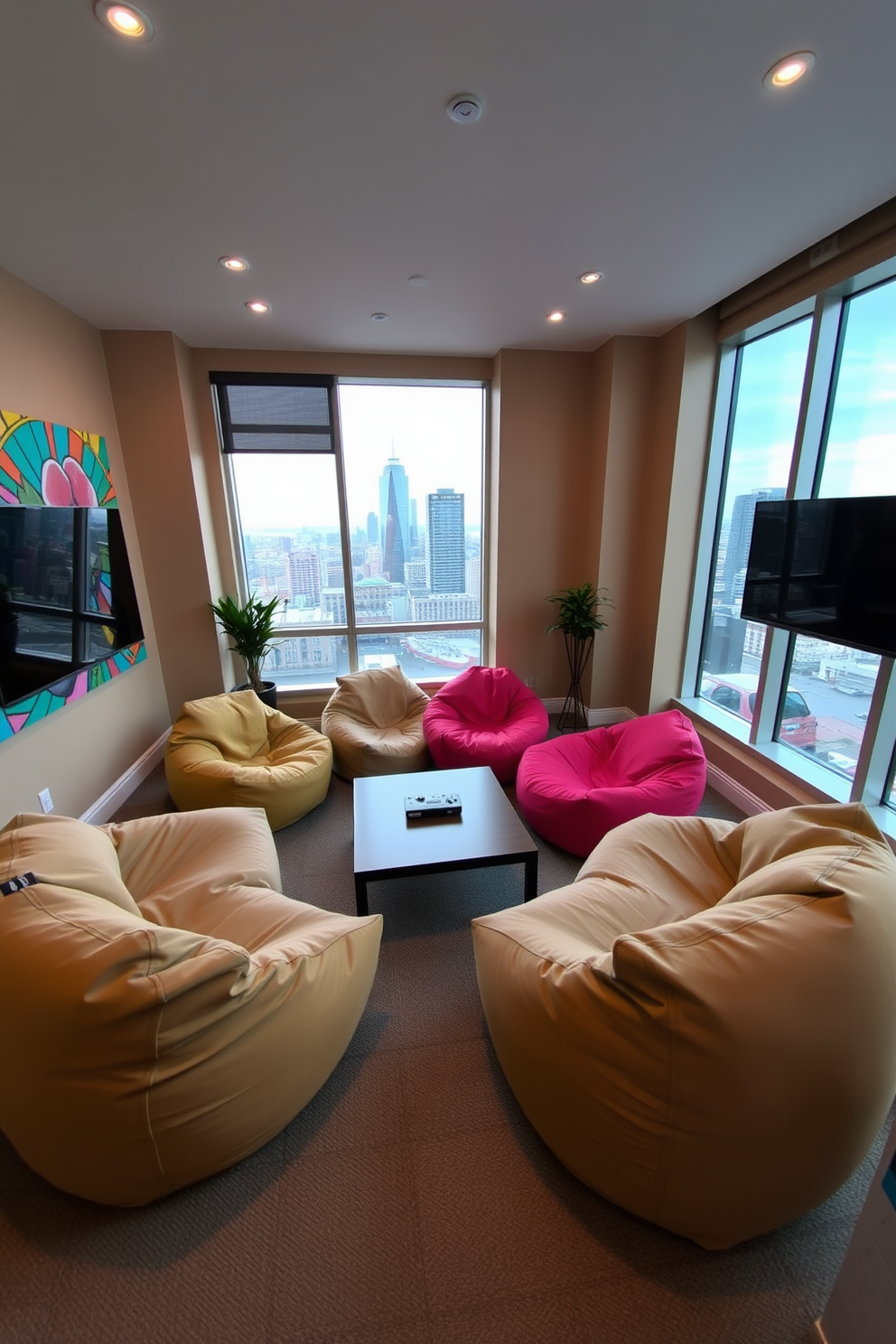 A cozy game room featuring comfortable bean bag seating arranged in a semi-circle around a low coffee table. The walls are adorned with vibrant artwork, and large windows provide a stunning view of the city skyline. The room is equipped with a large flat-screen TV mounted on one wall, perfect for gaming or movie nights. Soft lighting fixtures create an inviting atmosphere, enhancing the overall comfort of the space.