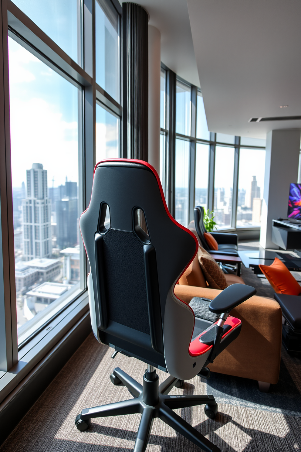 A modern gaming chair with ergonomic support features a sleek design and adjustable components for optimal comfort. The chair is upholstered in a breathable fabric with vibrant colors, complementing the high-tech aesthetic of the game room. The highrise game room boasts large windows that offer stunning city views, filled with natural light. A mix of contemporary furniture and cutting-edge gaming equipment creates an inviting atmosphere for both relaxation and intense gaming sessions.