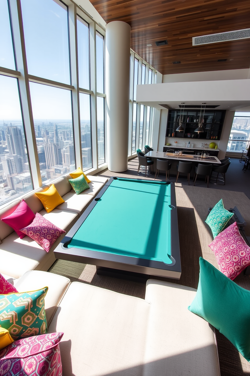 Colorful accent pillows in various shapes and sizes are scattered across a plush sectional sofa, adding a vibrant touch to the room. The pillows feature patterns of geometric designs and floral motifs, enhancing the overall aesthetic. The highrise game room boasts floor-to-ceiling windows that offer stunning city views, with a sleek pool table positioned centrally. Surrounding the pool table are modern lounge chairs and a stylish bar area, creating a perfect space for entertainment and relaxation.