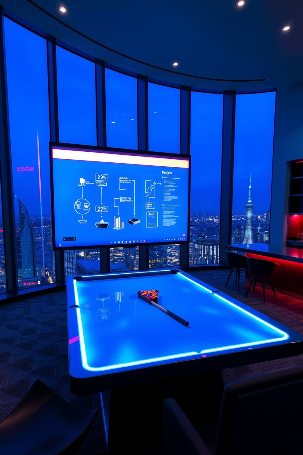 A modern interactive whiteboard designed for brainstorming sessions. The board features a sleek glass surface with integrated touch technology and vibrant LED lighting. A high-rise game room designed for entertainment and relaxation. The space includes a pool table, a sleek bar area, and comfortable seating with panoramic city views through large windows.