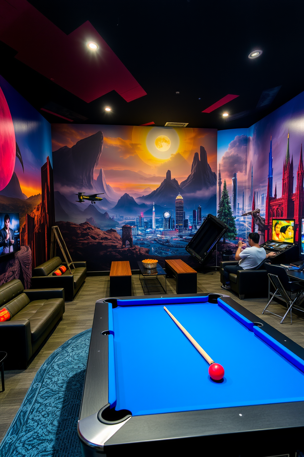 A vibrant game room featuring themed murals that transport players to different worlds. The walls are adorned with large-scale artwork depicting fantasy landscapes and futuristic cities, creating an immersive atmosphere. The room includes a sleek pool table and comfortable seating arranged for socializing. Soft lighting highlights the murals while providing a cozy ambiance for gaming and relaxation.