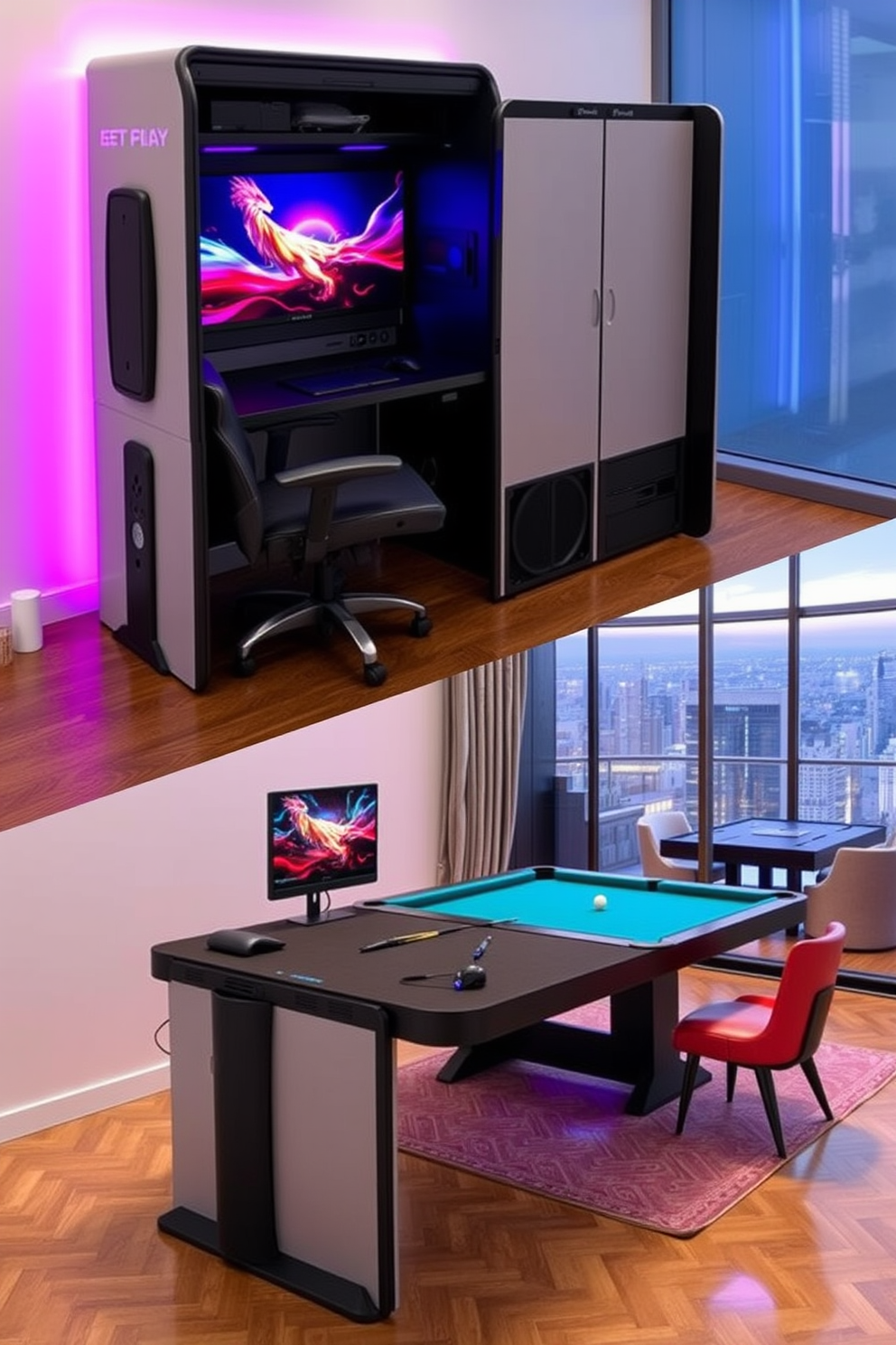 A sleek portable gaming station designed for flexibility and comfort. It features a compact desk with adjustable height, ergonomic gaming chair, and integrated storage for consoles and accessories. A modern highrise game room with panoramic city views. The space includes a pool table, a cozy lounge area with plush seating, and vibrant LED lighting to enhance the gaming atmosphere.