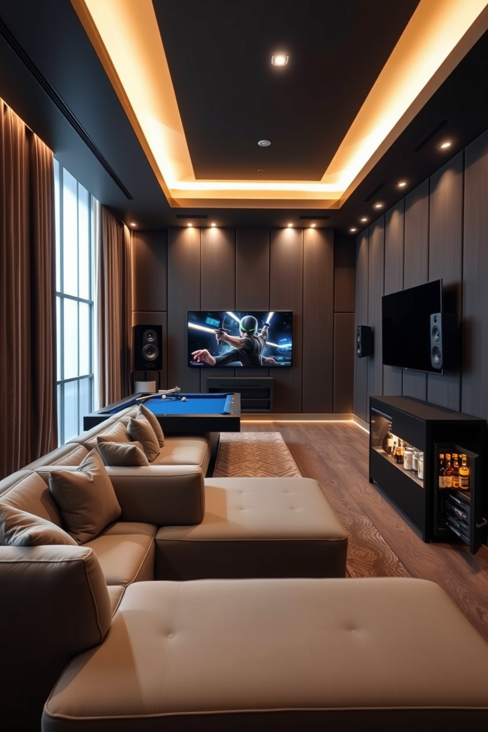 A modern highrise game room featuring a sleek sound system designed for an enhanced audio experience. The room includes a large sectional sofa, a pool table, and a wall-mounted flat-screen TV with surround sound speakers strategically placed for optimal acoustics. The walls are adorned with sound-absorbing panels in a rich dark color, creating a cozy yet vibrant atmosphere. Ambient lighting highlights the gaming area, while a mini-bar stocked with refreshments adds a touch of luxury to the space.