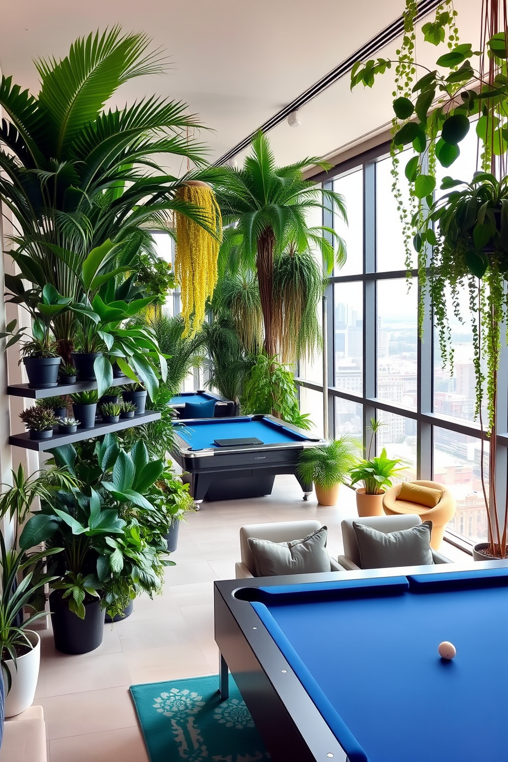 A vibrant indoor space filled with a variety of lush green plants. The arrangement includes tall potted palms, hanging ferns, and small succulents placed on shelves to create a fresh and inviting atmosphere. A modern highrise game room featuring sleek furniture and vibrant decor. The space includes a pool table, a comfortable lounge area, and large windows offering stunning city views.