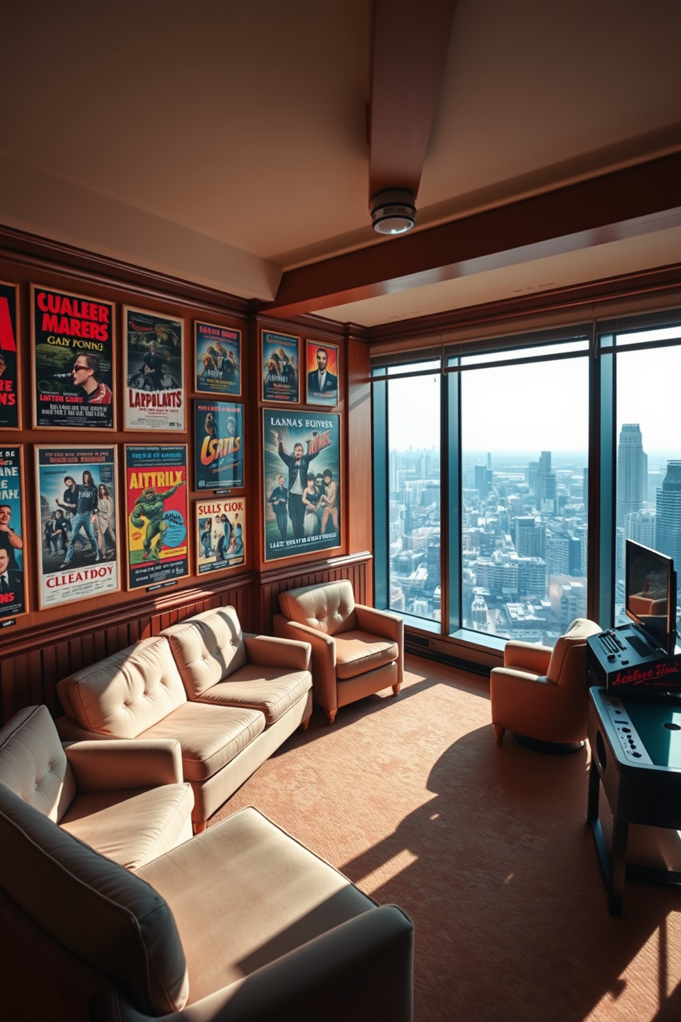 A collection of vintage posters adorns the walls, featuring classic movies and iconic bands that evoke a sense of nostalgia. The color palette is warm and inviting, with wooden accents and soft lighting to create a cozy atmosphere. The highrise game room boasts large windows that offer stunning city views, filled with natural light. Plush seating arrangements and sleek gaming consoles provide a perfect blend of comfort and modern design for an engaging entertainment space.