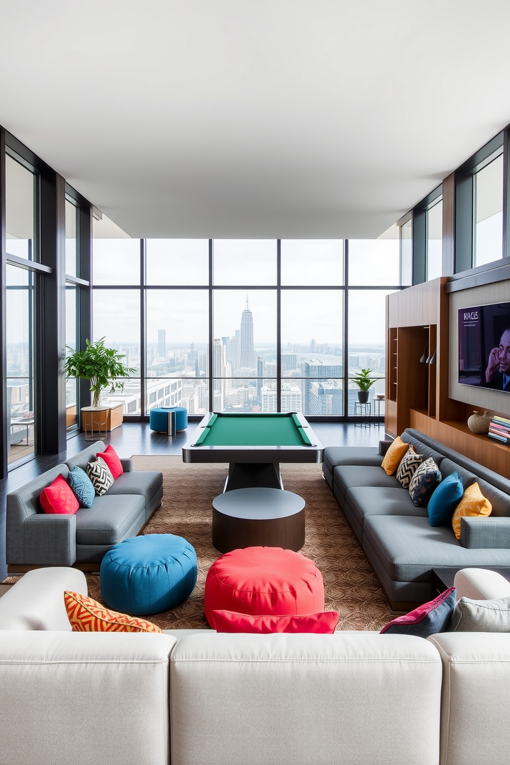 Flexible seating arrangements for gatherings. The space features a combination of modular sofas and poufs that can be easily rearranged to accommodate different group sizes. Highrise Game Room Design Ideas. The room includes a sleek pool table, a large sectional sofa with vibrant cushions, and a wall-mounted screen for gaming, all framed by floor-to-ceiling windows showcasing the city skyline.