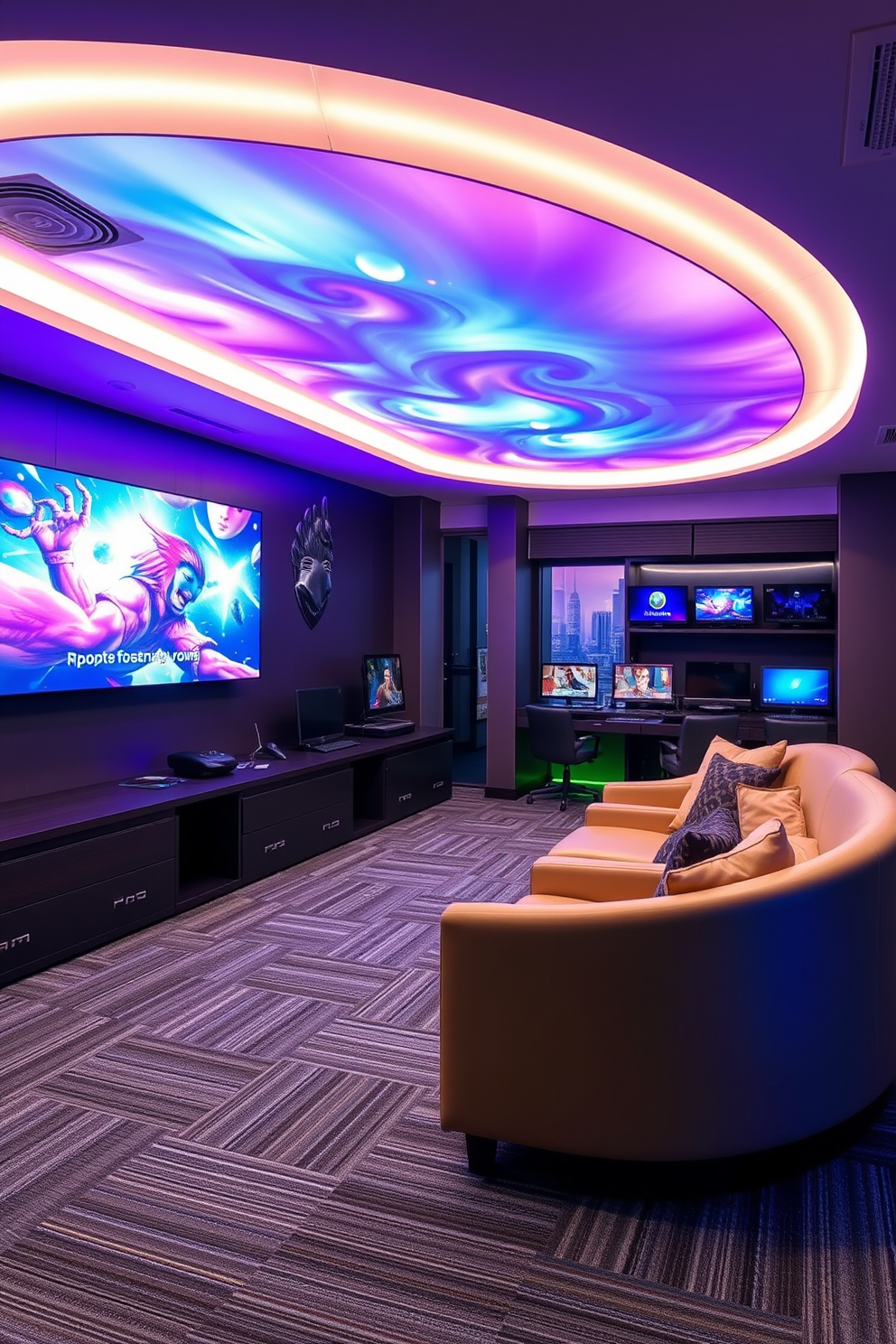 A themed gaming zone designed for immersive play features a large wall-mounted screen displaying vibrant visuals. The room is equipped with comfortable seating, LED lighting that changes colors, and gaming consoles neatly arranged on custom shelving. Highrise game room design ideas include floor-to-ceiling windows that offer breathtaking city views. The space is adorned with modern furniture, soundproofing elements, and interactive gaming stations that create an engaging atmosphere.